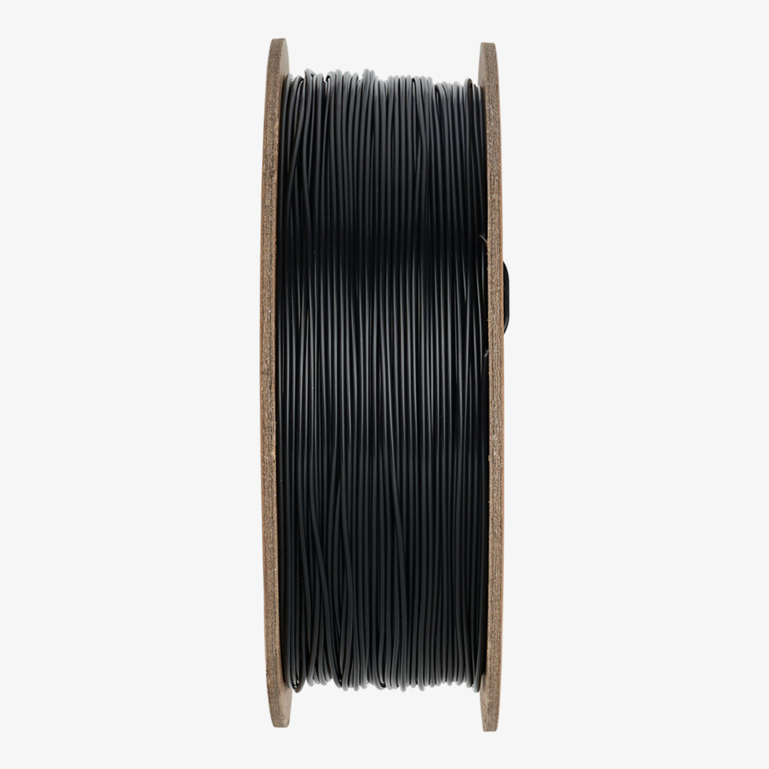 Eine Rolle schwarzen 3D-Druckerfilaments auf einem Holzspulenkern.