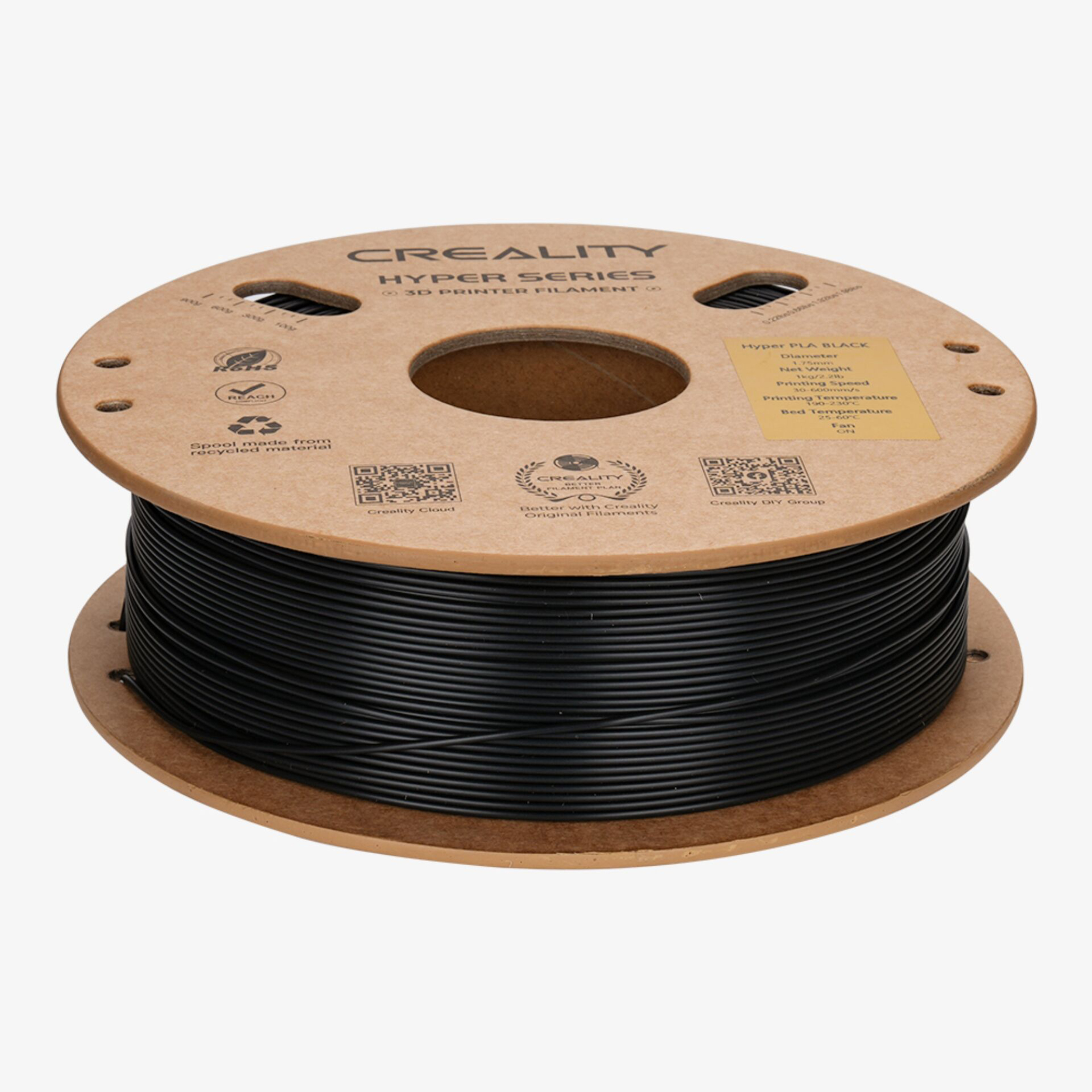 Eine Spule schwarzen 3D-Druckerfilament der Marke Creality.