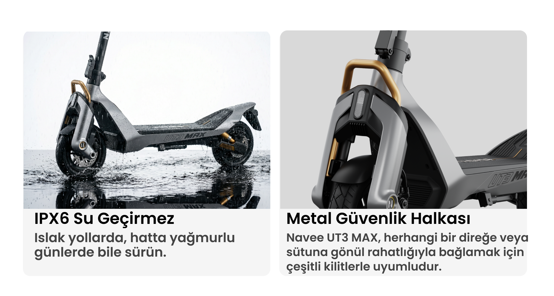Gri e-scooter ön tekerleği suyun içinden geçiyor; IPX6 su geçirmez.