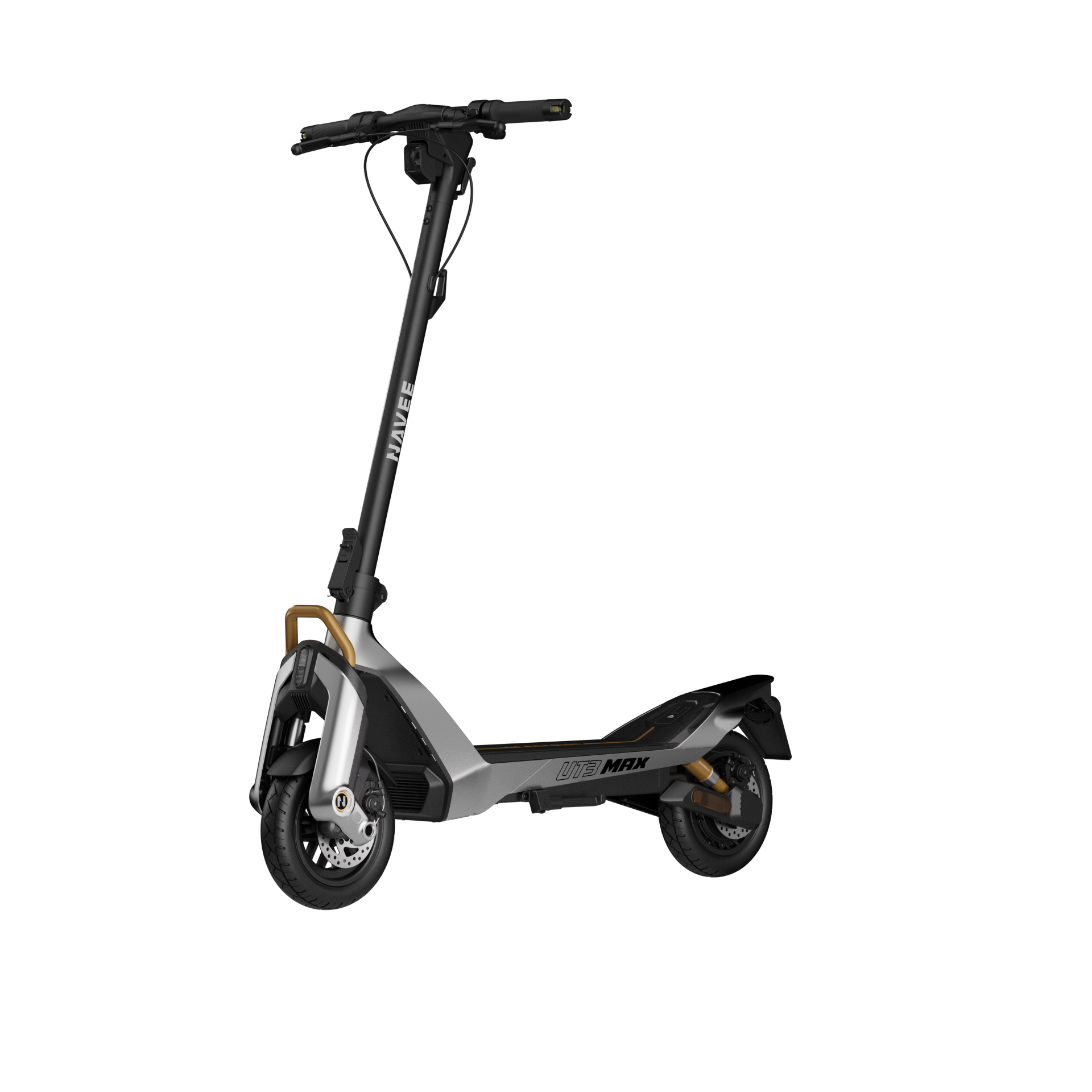 NAVE markalı ve UTE MAX model isimli gümüş ve siyah elektrikli scooter.