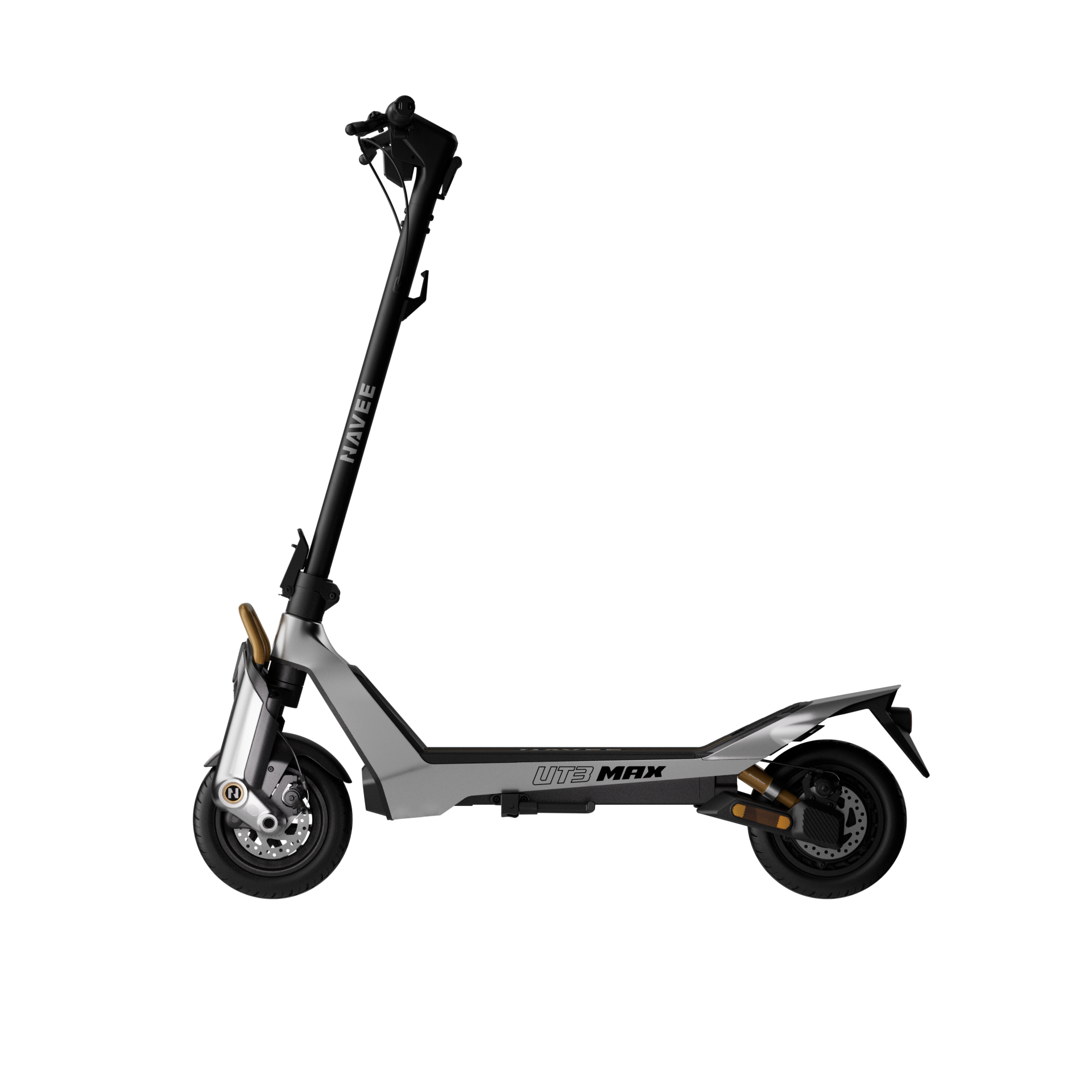 Gümüş ve siyah elektrikli scooter "HAVE" ve "UTB MAX" markalamasıyla.
