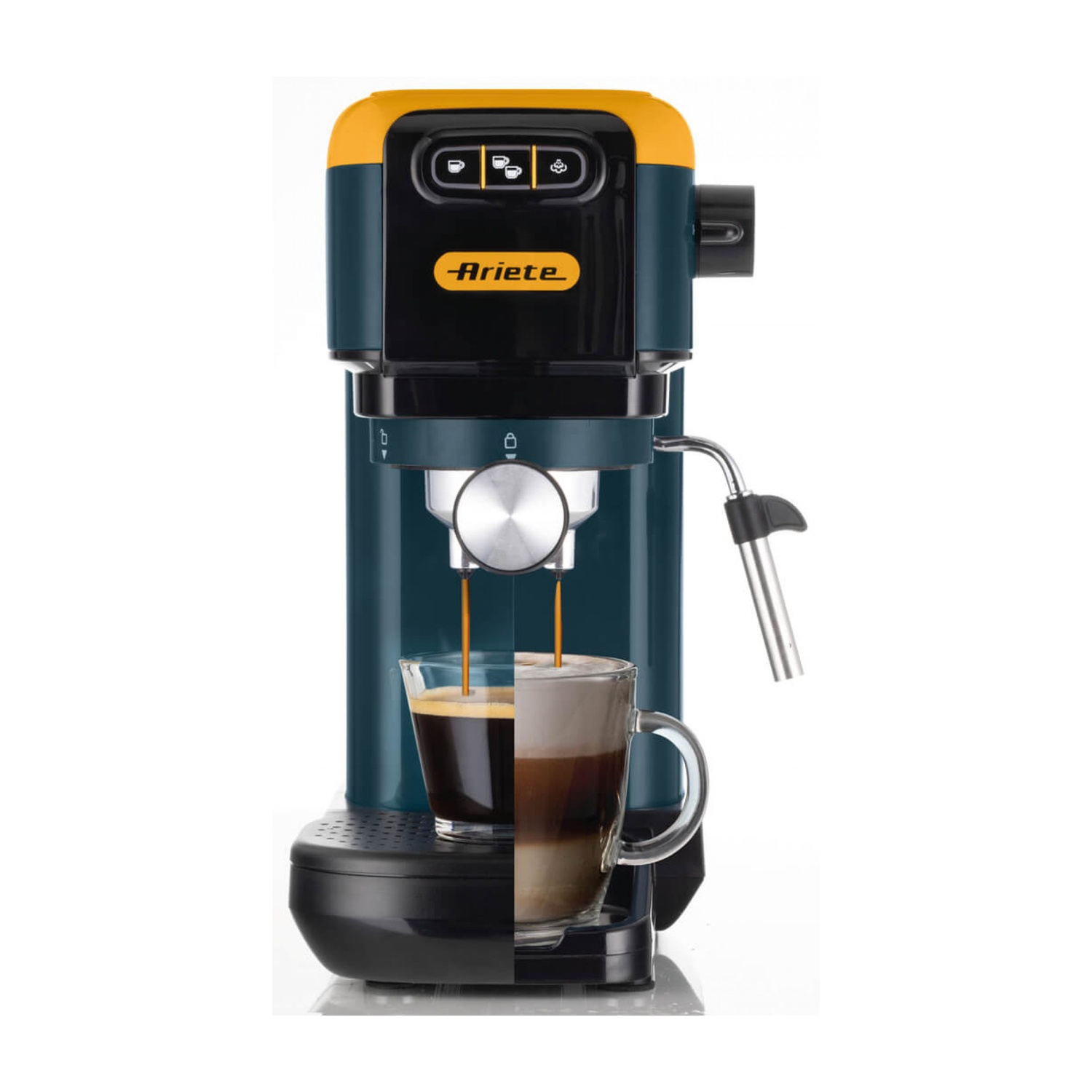 Una macchina per espresso bicolore prepara il caffè in una tazza di vetro.