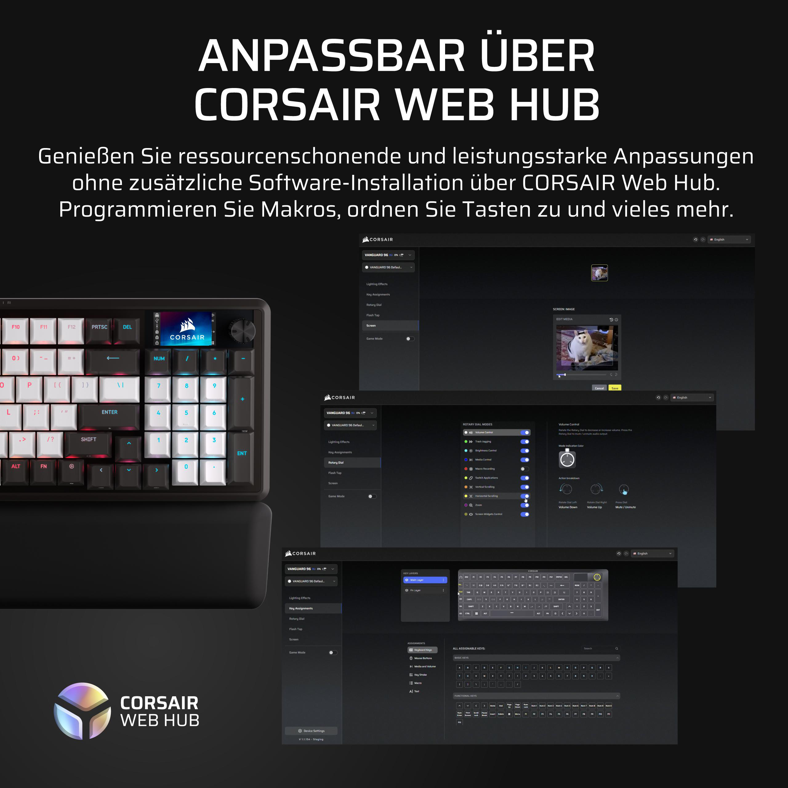 Eine Corsair Tastatur mit RGB-Tasten und ein Computerbildschirm mit Software-Einstellungen.