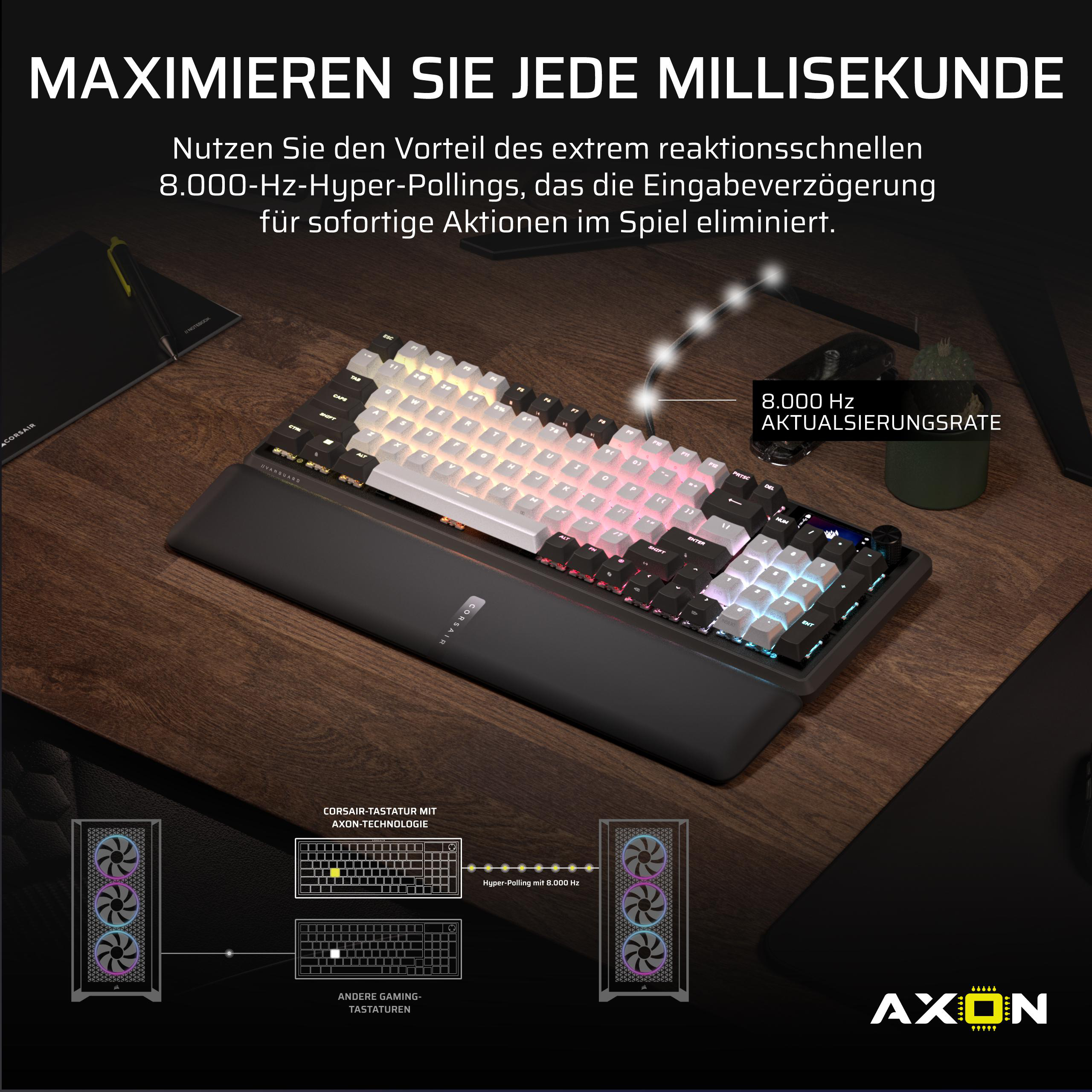 Eine Corsair Gaming-Tastatur mit RGB-Beleuchtung auf einem Holztisch.