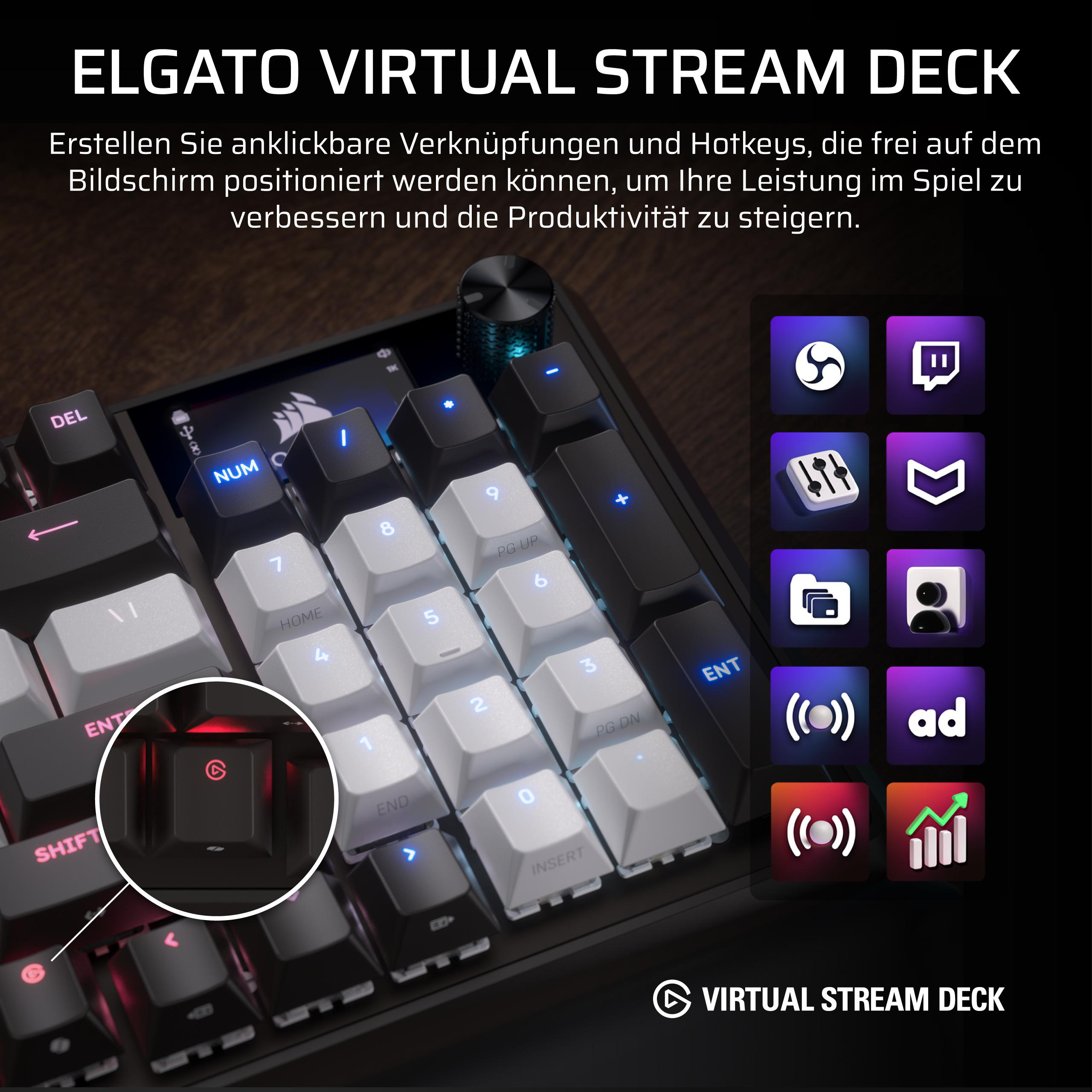 Elgato Virtual Stream Deck: Tastatur mit Icons und Text für Steuerung.