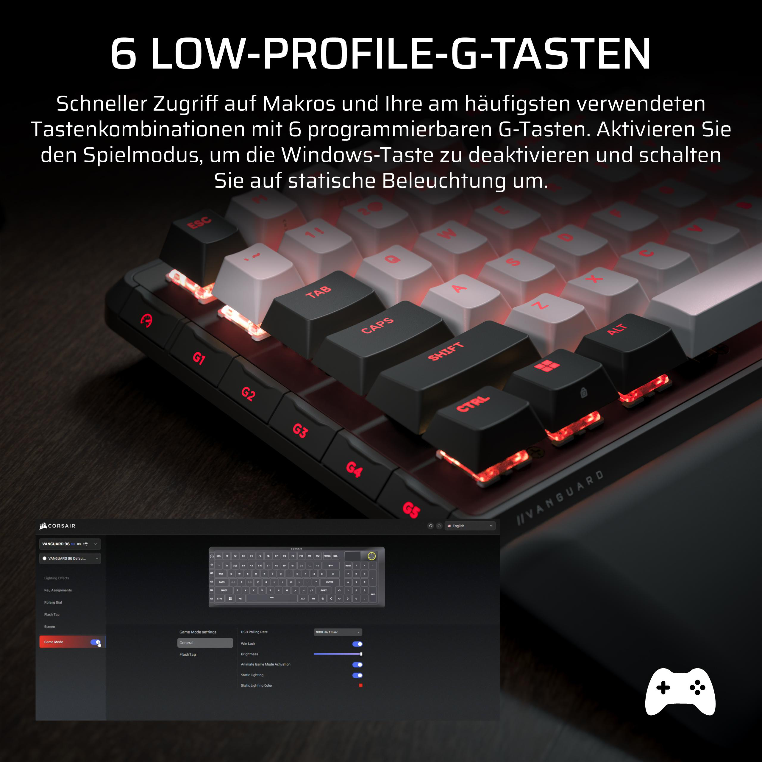Eine Tastatur mit roten Tasten und Software-Einstellungen, die einen Controller zeigen.