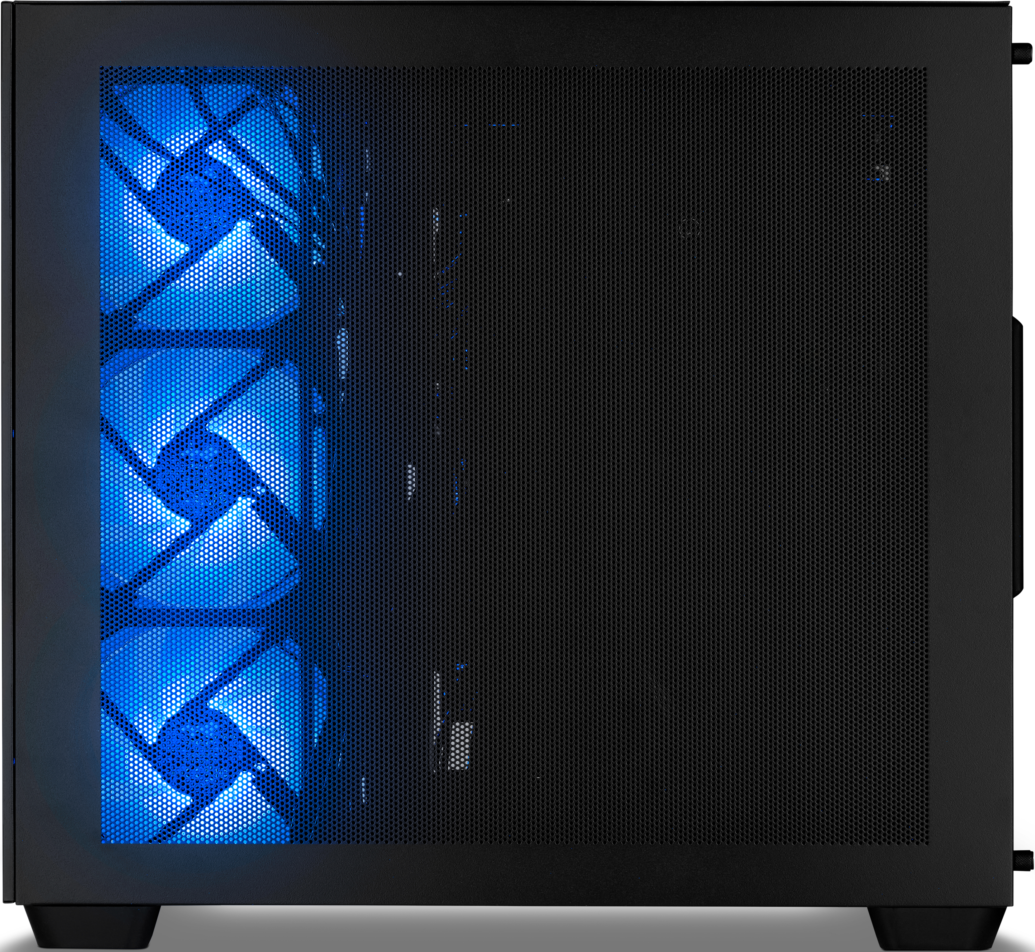 Boîtier d'ordinateur noir avec trois ventilateurs à LED bleues sur le côté gauche.