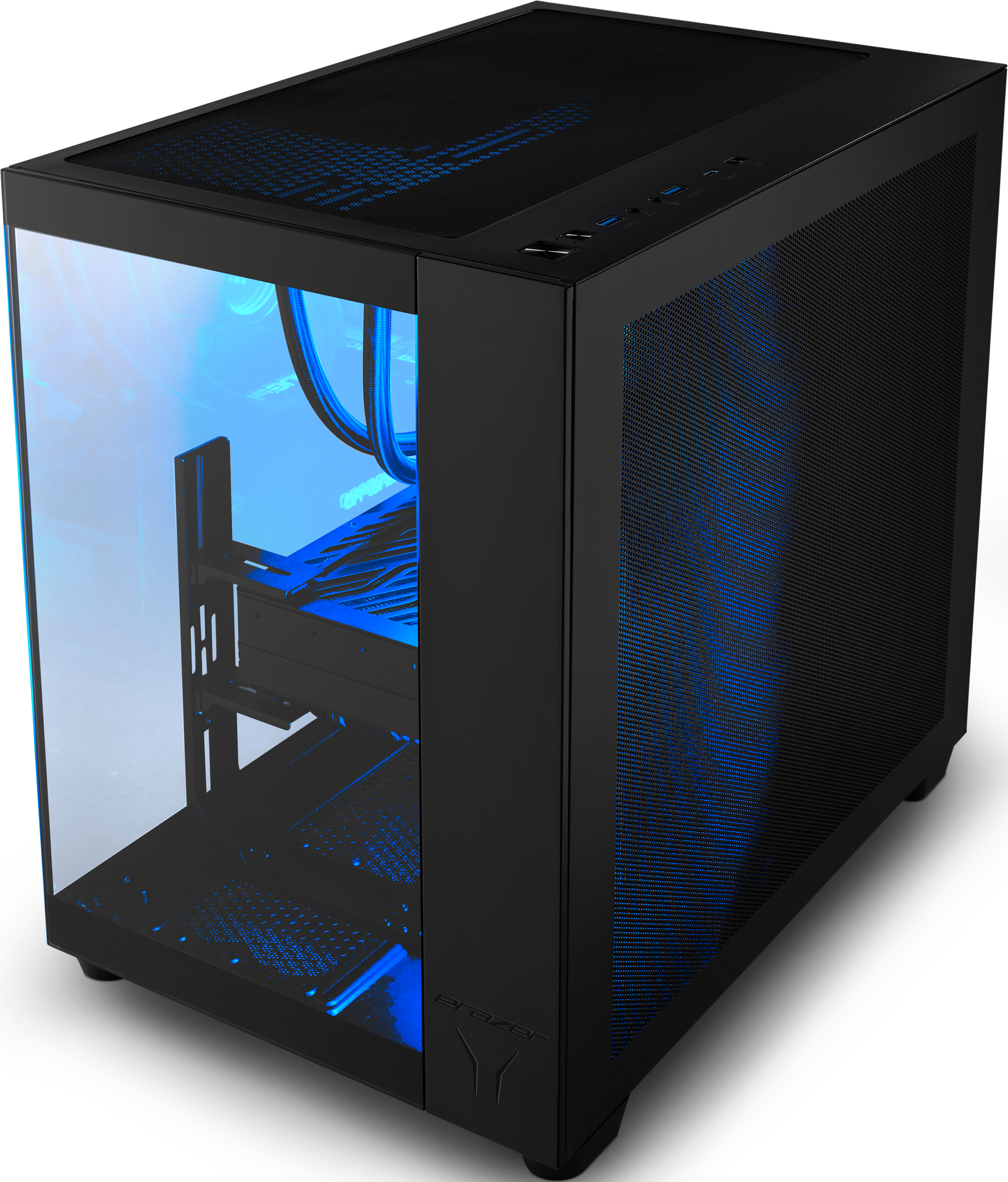 Boîtier PC noir avec façade en verre et éclairage LED bleu.