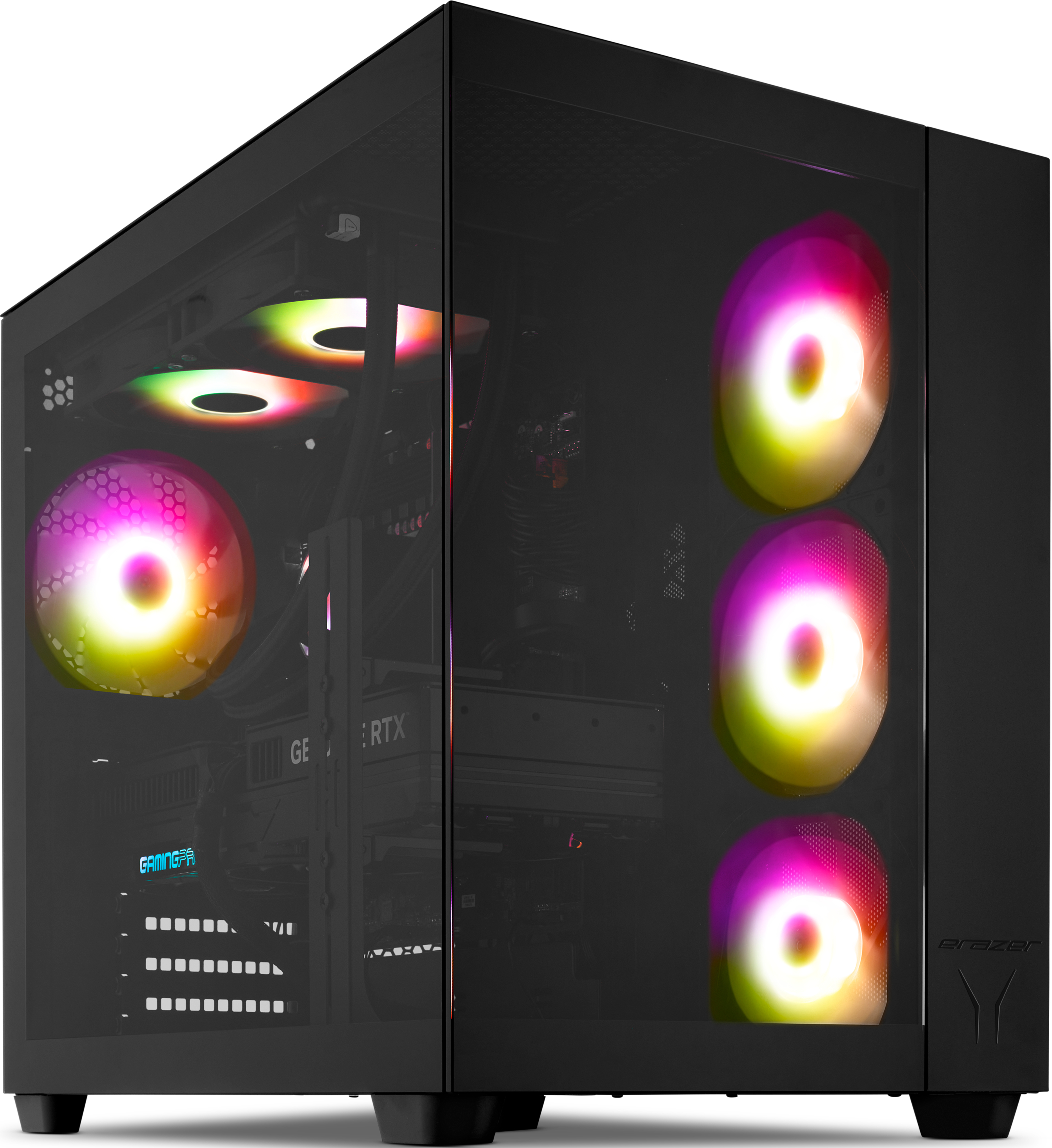 Boîtier PC gaming noir avec façade en verre et ventilateurs RGB.