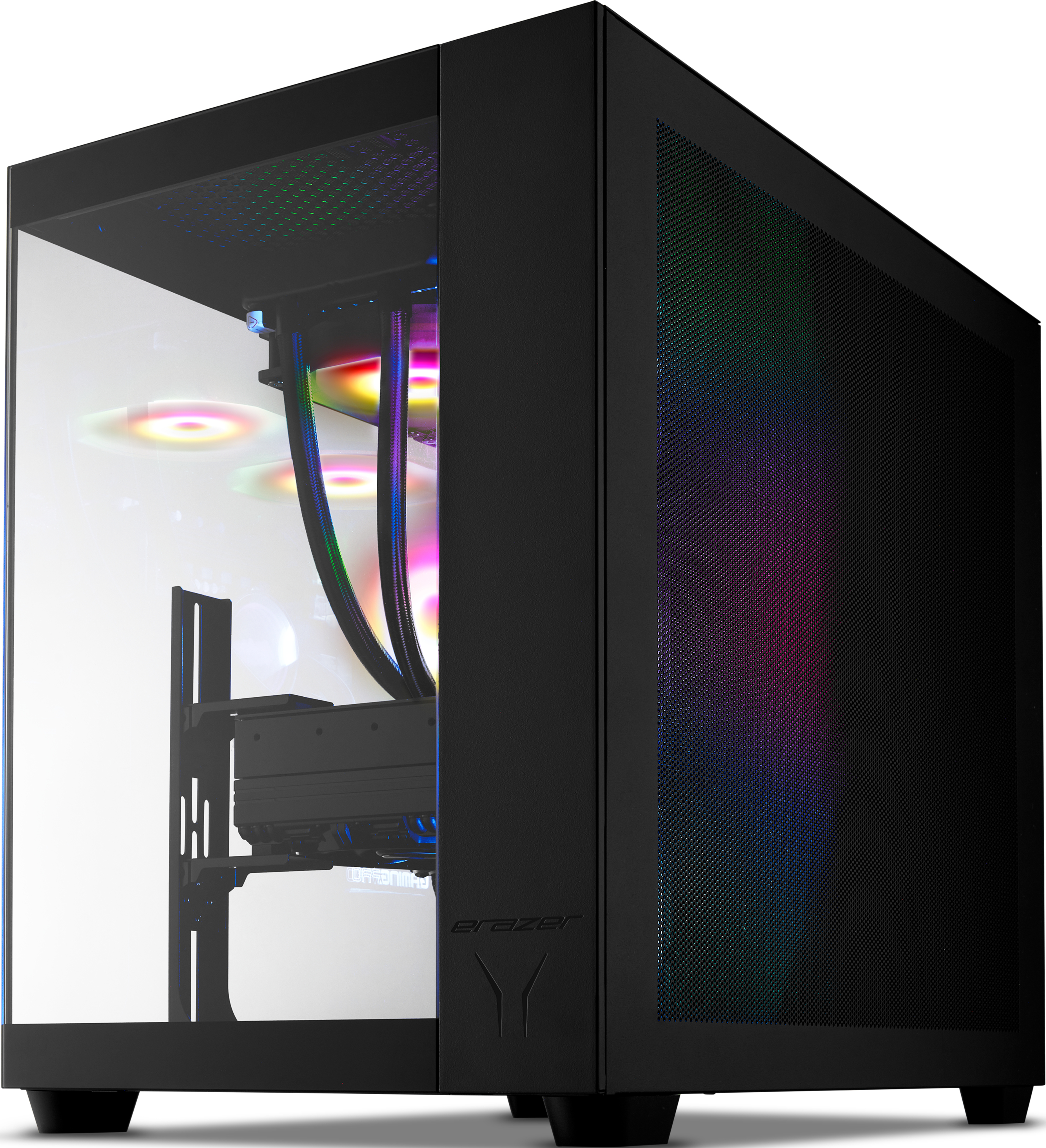 Boîtier PC noir avec façade en verre, ventilateurs éclairés et éclairage RVB.