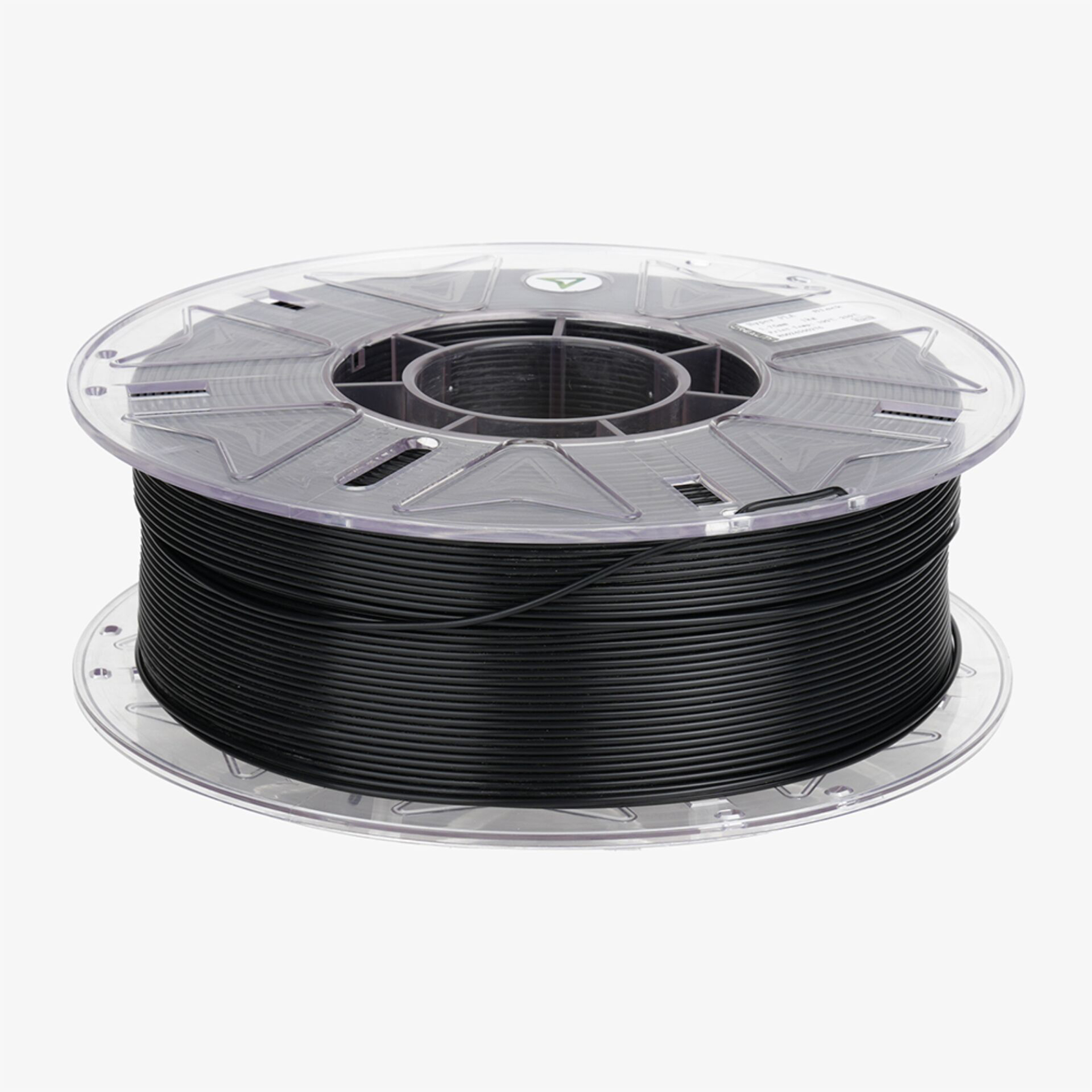 Schwarzer 3D-Drucker-Filament auf einer transparenten Spule, isoliert auf weißem Hintergrund.