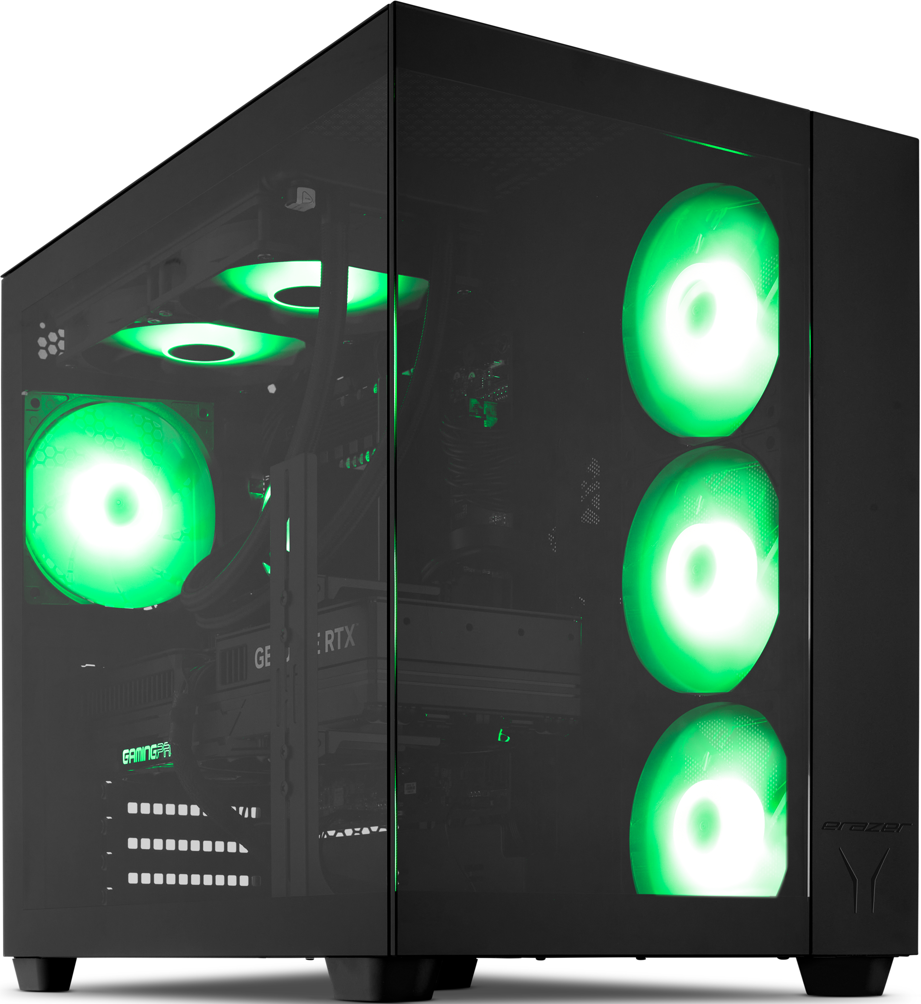 Un boîtier PC noir avec panneau latéral transparent et ventilateurs verts.