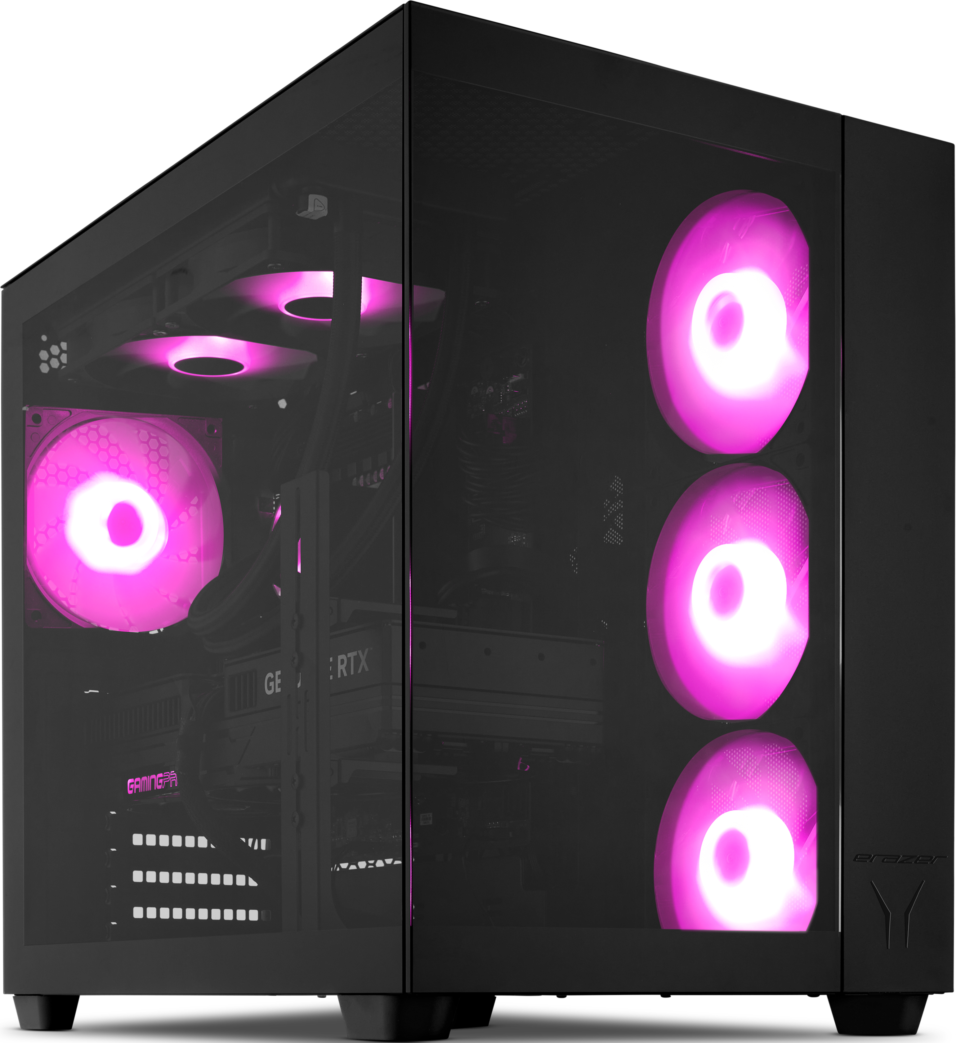 Boîtier PC noir avec ventilateurs roses lumineux et panneau latéral transparent.