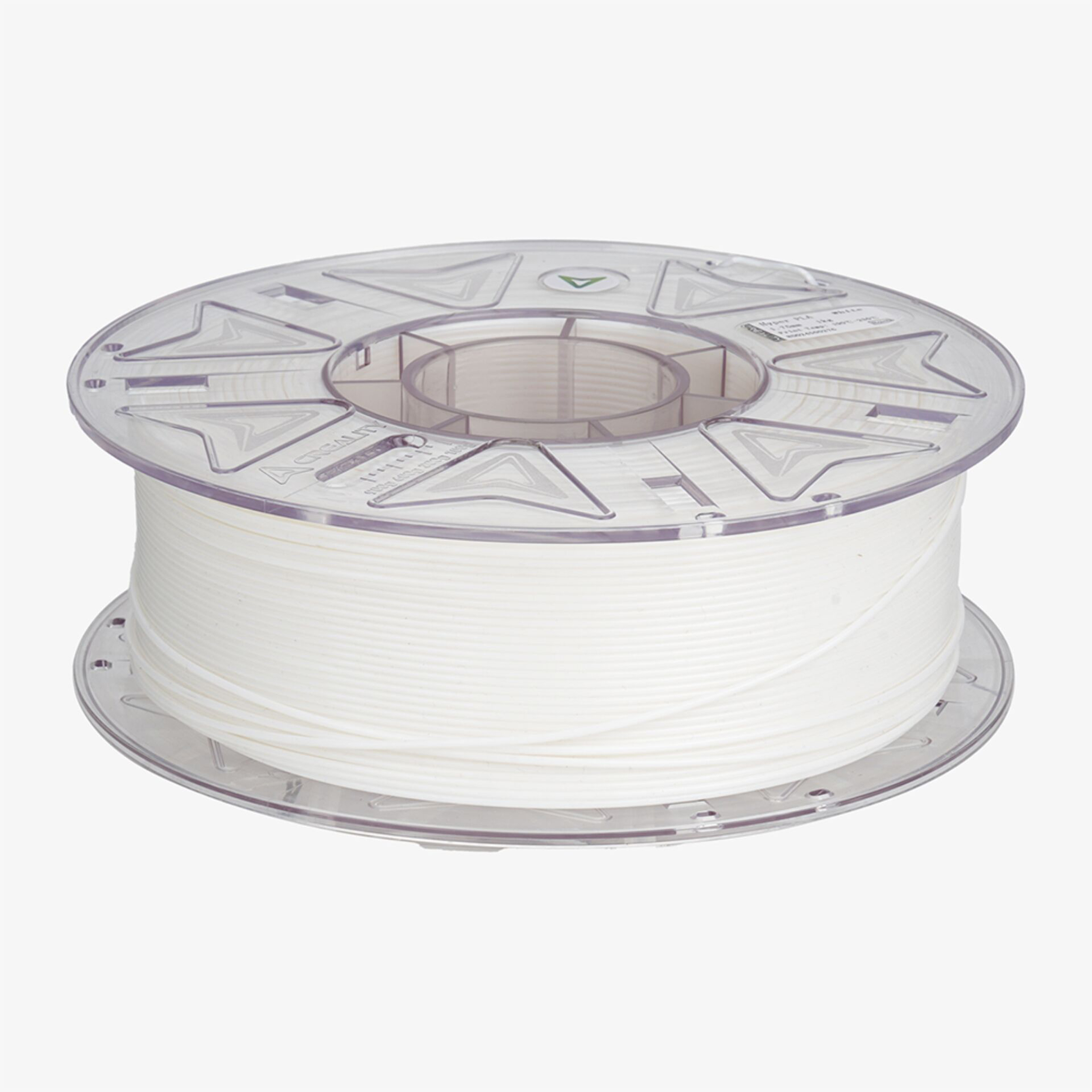 Eine Spule mit weißem 3D-Druckfilament auf transparentem Spulenkörper.