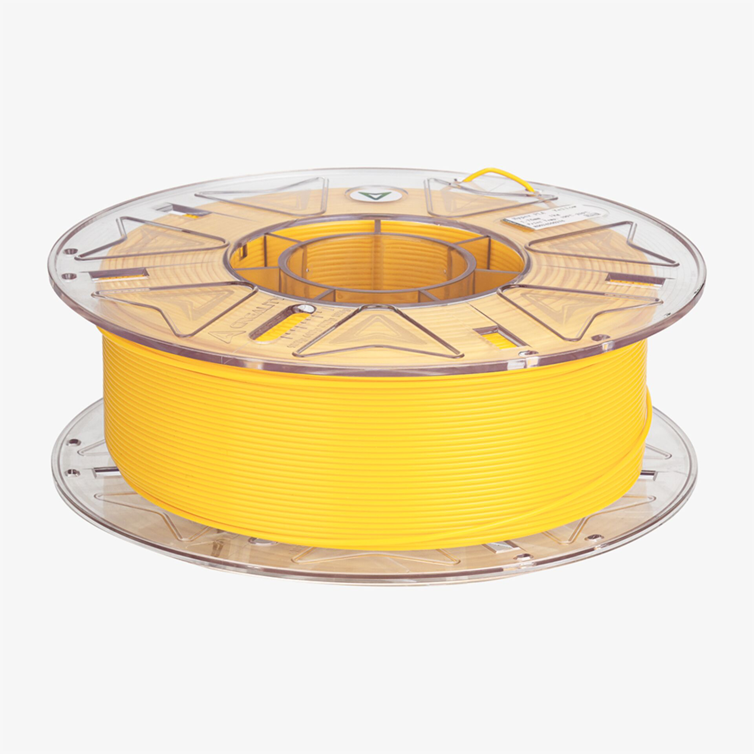 Eine Spule leuchtend gelbes 3D-Drucker-Filament mit transparenten Plastikseiten, auf einem schlichten weißen Hintergrund.