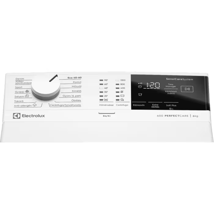 Electrolux mosógép kezelőpanel digitális kijelzővel és választókapcsolóval.