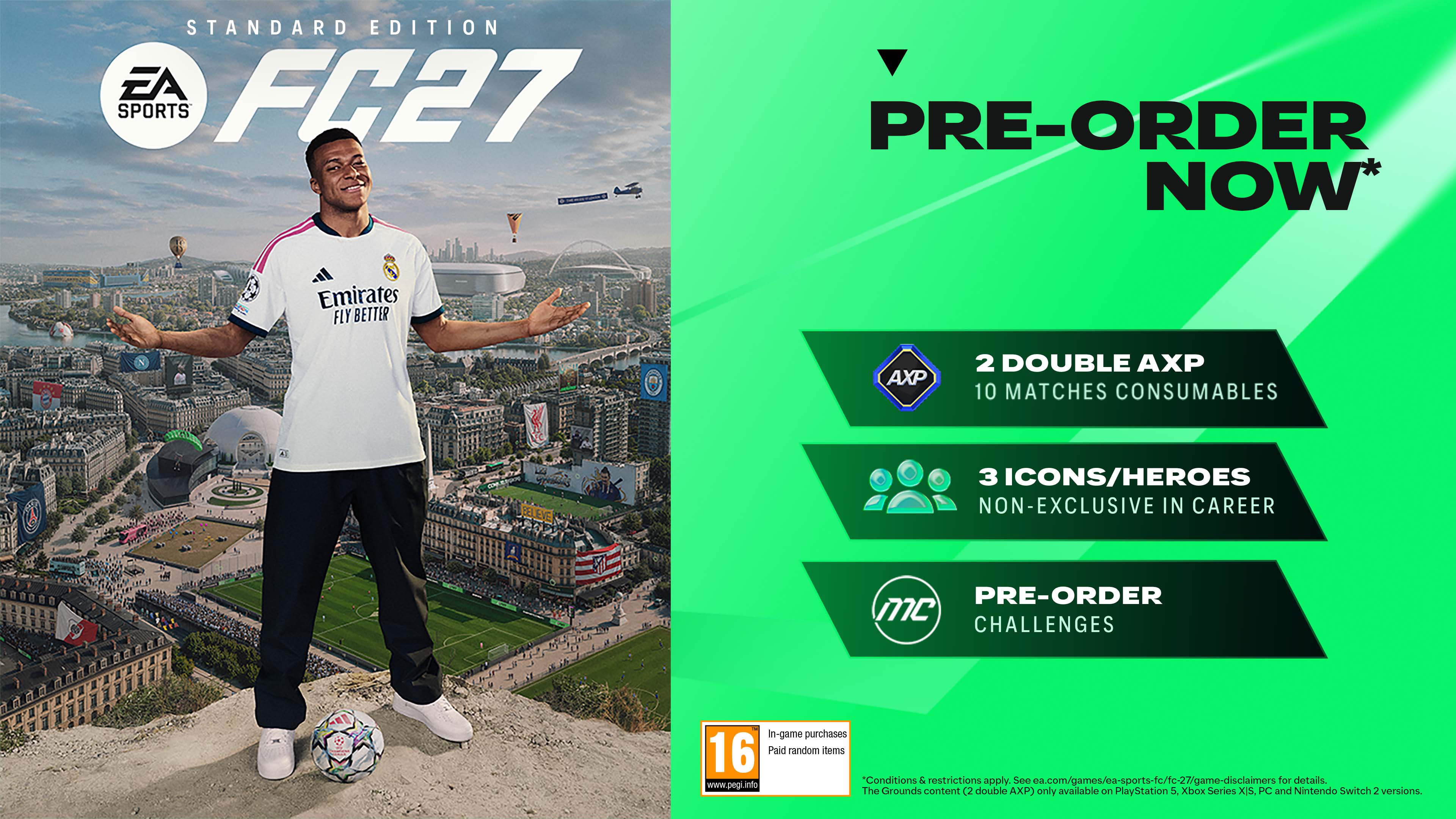 EA Sports FC27 borító Mbappéval, városi látképpel és előrendelési bónuszokkal.
