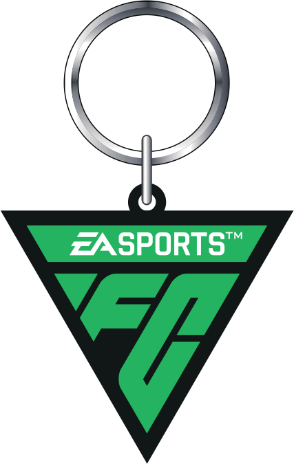 Kulcstartó EA SPORTS FC logóval, háromszög alakú, zöld és fekete.