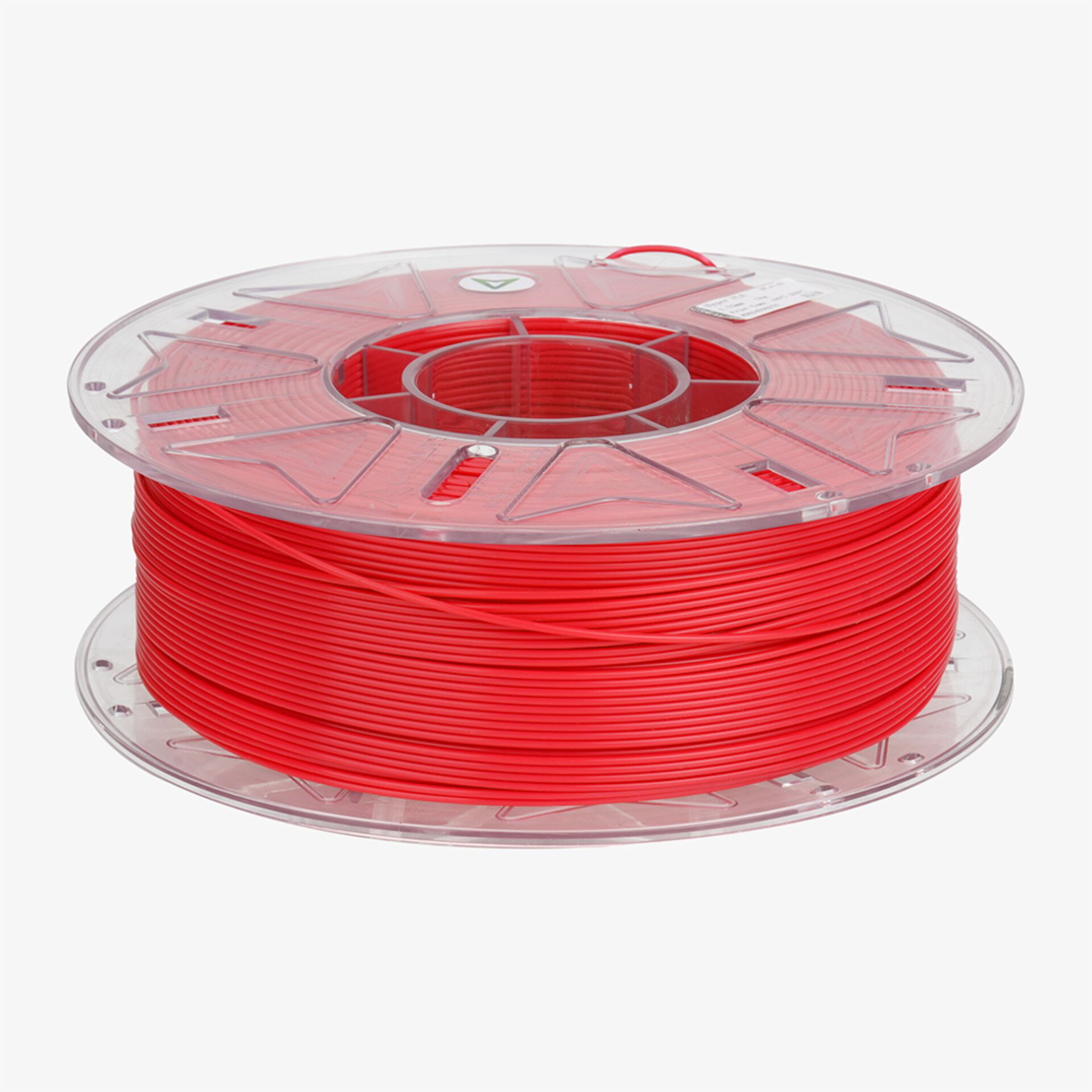 Rote 3D-Drucker-Filamentspule auf weißem Hintergrund.