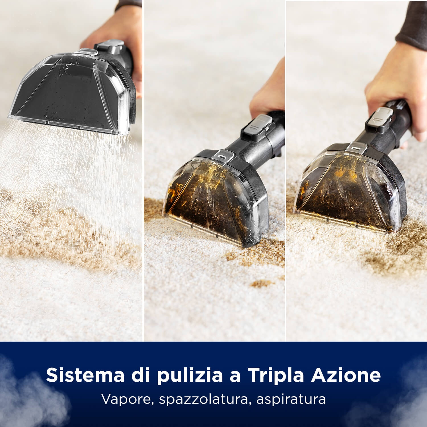 Strumento di pulizia spruzza, aspira sporco, mostra acqua sporca nel contenitore.