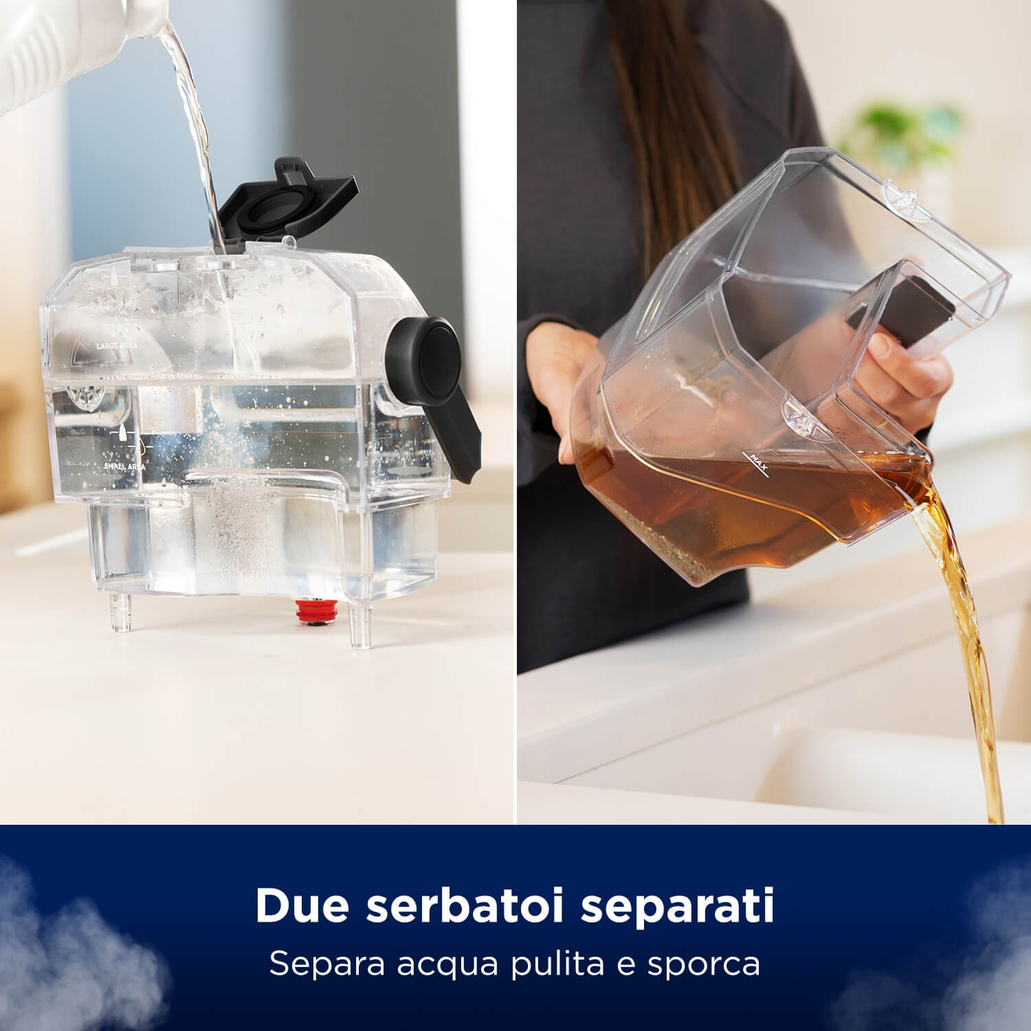Acqua pulita versata in un serbatoio trasparente, acqua sporca versata.