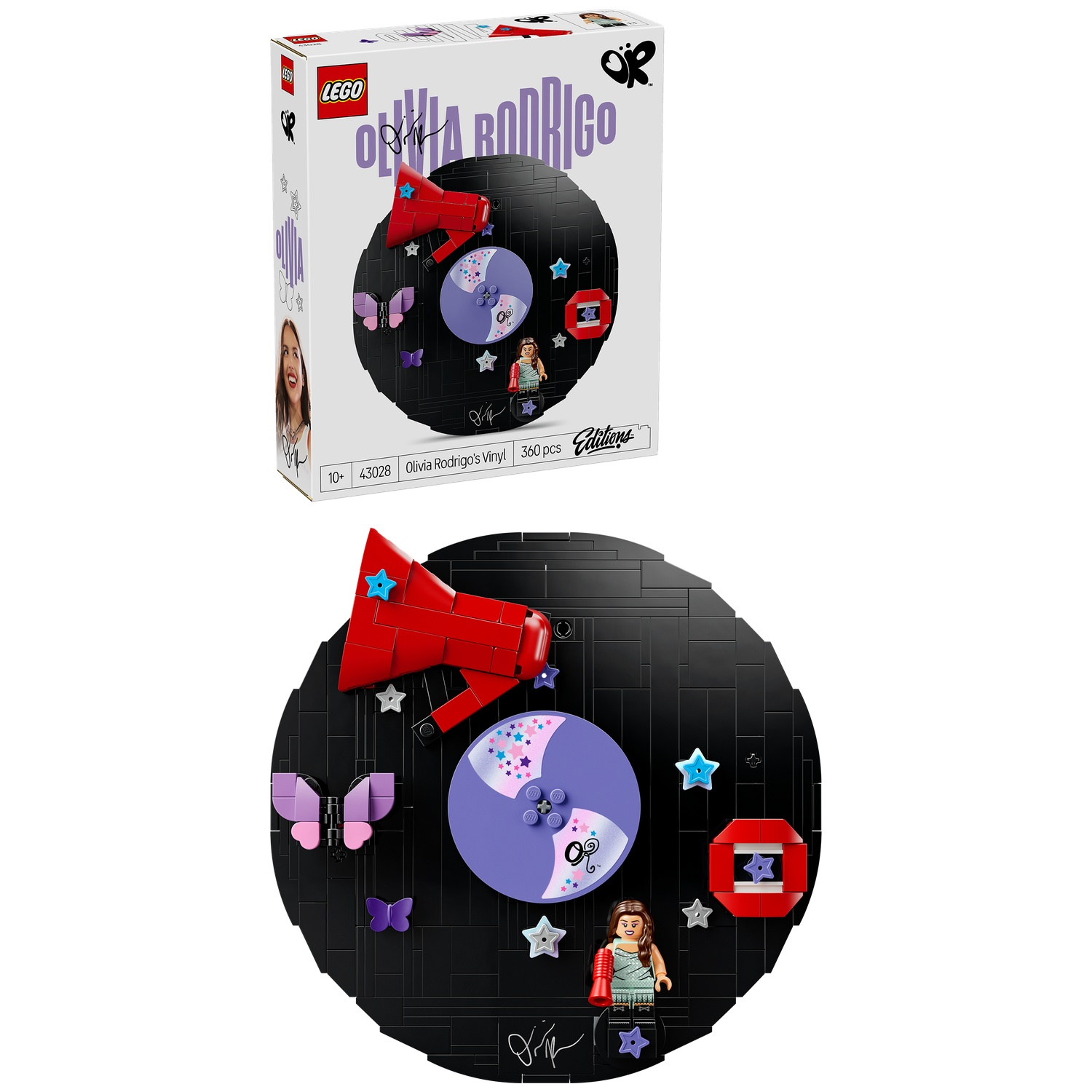 LEGO Olivia Rodrigo's Vinyl set with minifigure, record, butterflies, megaphone, and stars.