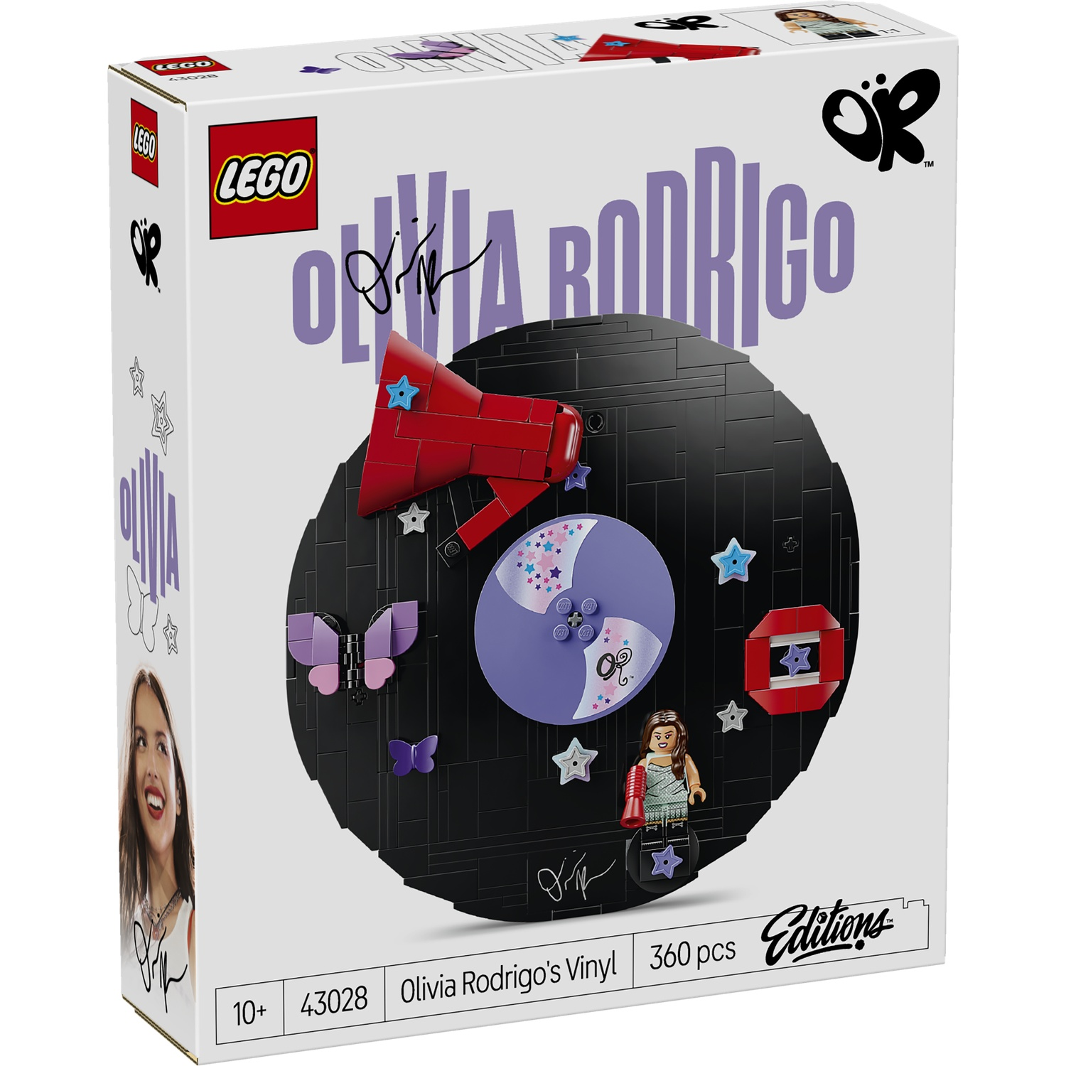 LEGO set box featuring a vinyl record, Olivia Rodrigo, and butterflies.