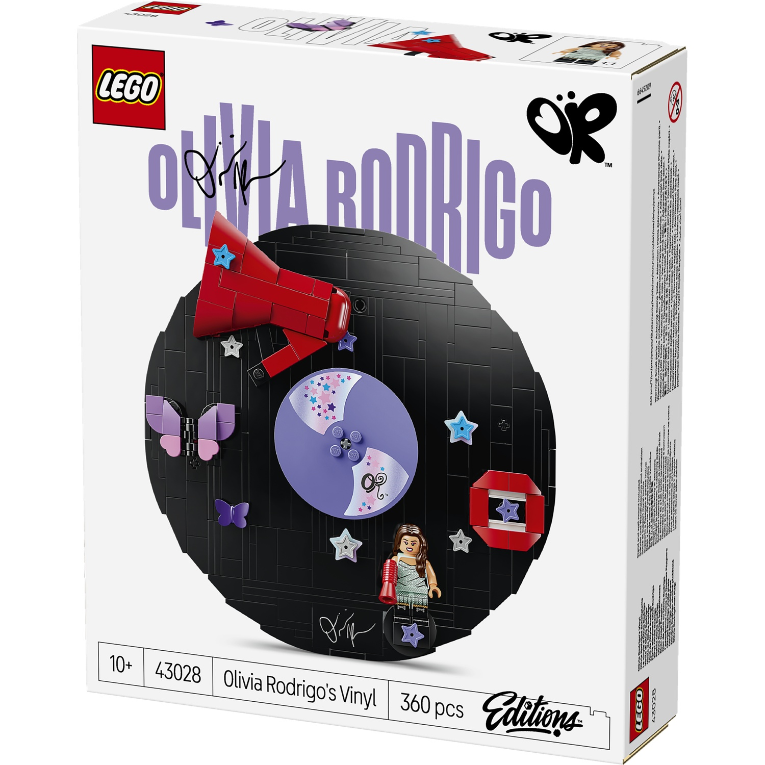 LEGO box featuring Olivia Rodrigo's Vinyl set with vinyl record, minifigure, and butterflies.