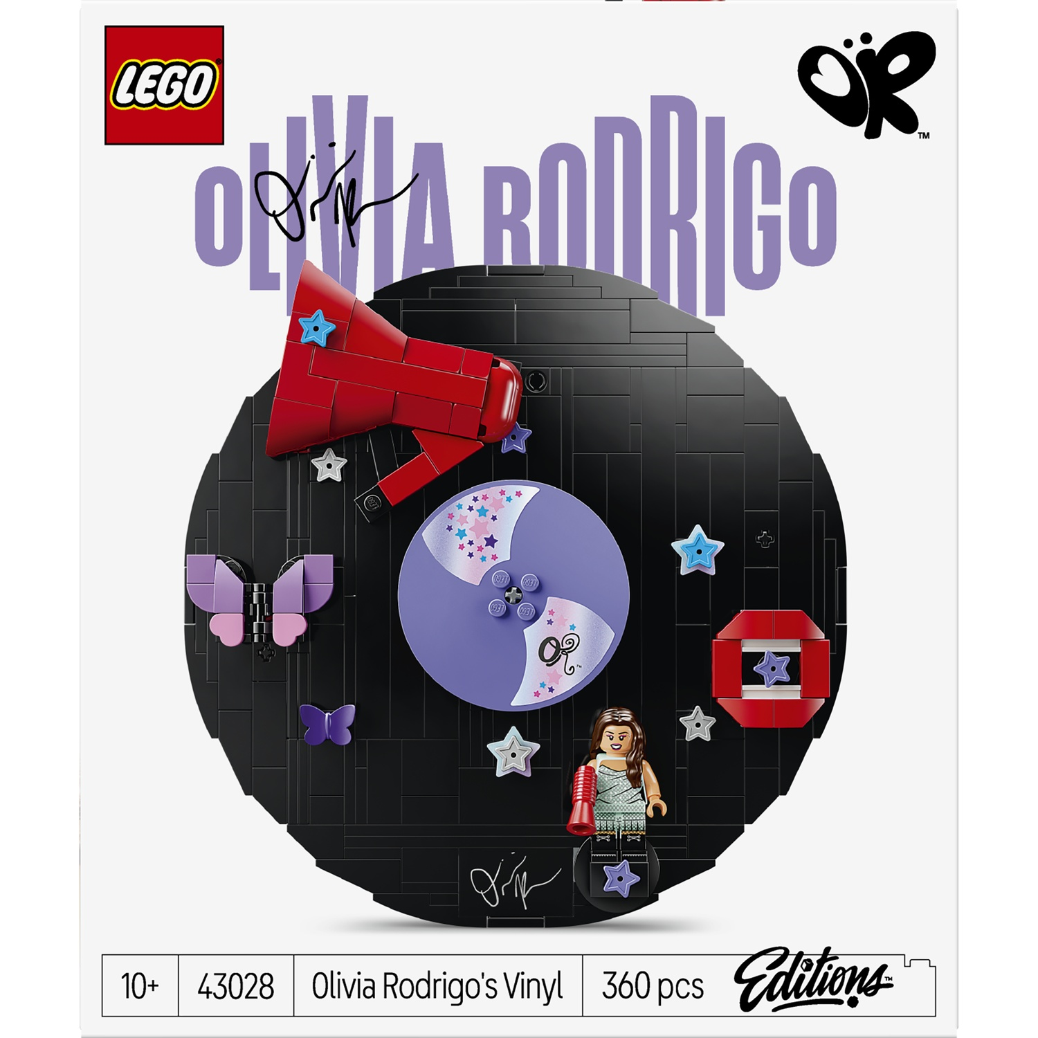 LEGO set featuring Olivia Rodrigo on a vinyl record, with megaphone, butterflies, and stars.