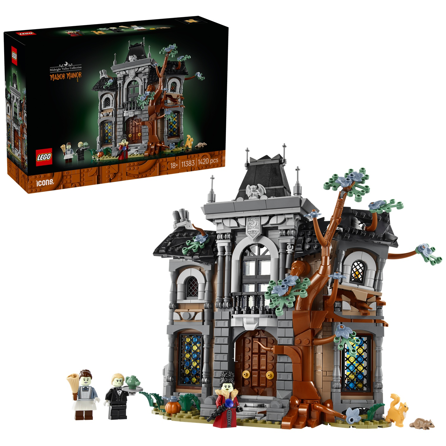 LEGO "Mayor Manor" set with figures, a cat, and a mouse against a white background.