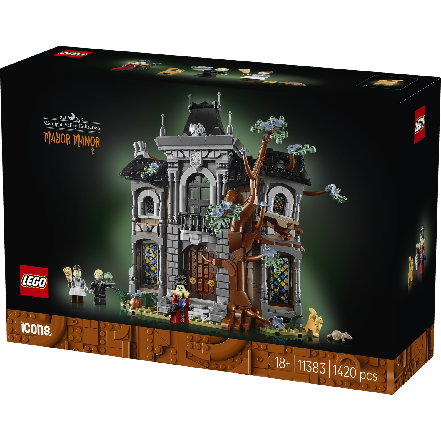 Lego Mayor Manor set box, with gothic house, tree, and minifigures.