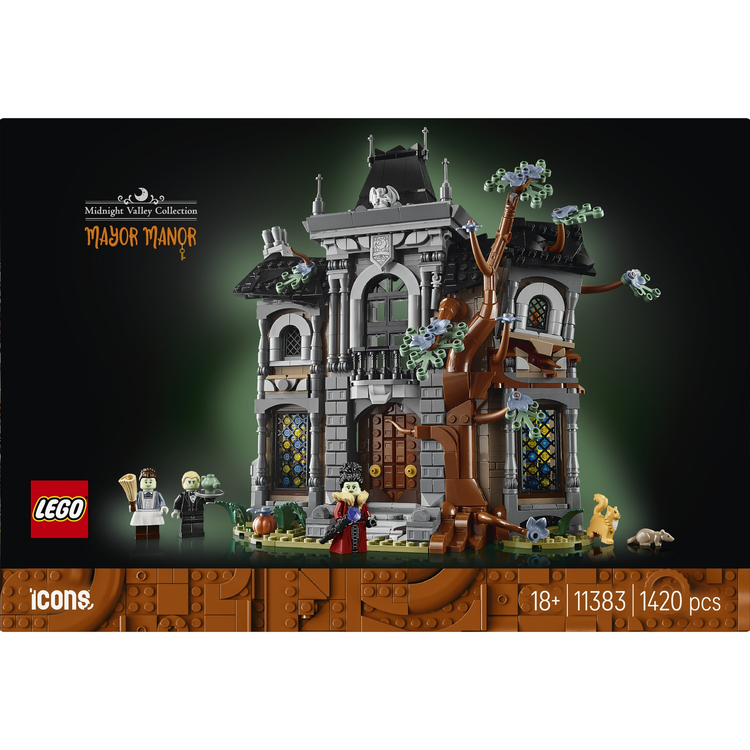A Lego set featuring a spooky manor, trees, and minifigures including a vampire.