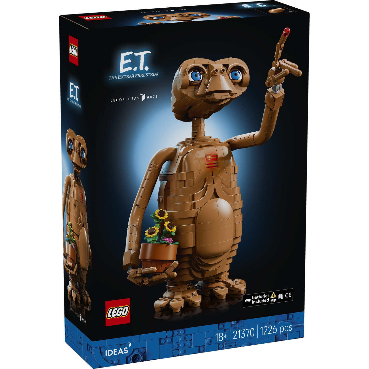 LEGO E.T. doos met E.T.-figuur die een potplant vasthoudt.