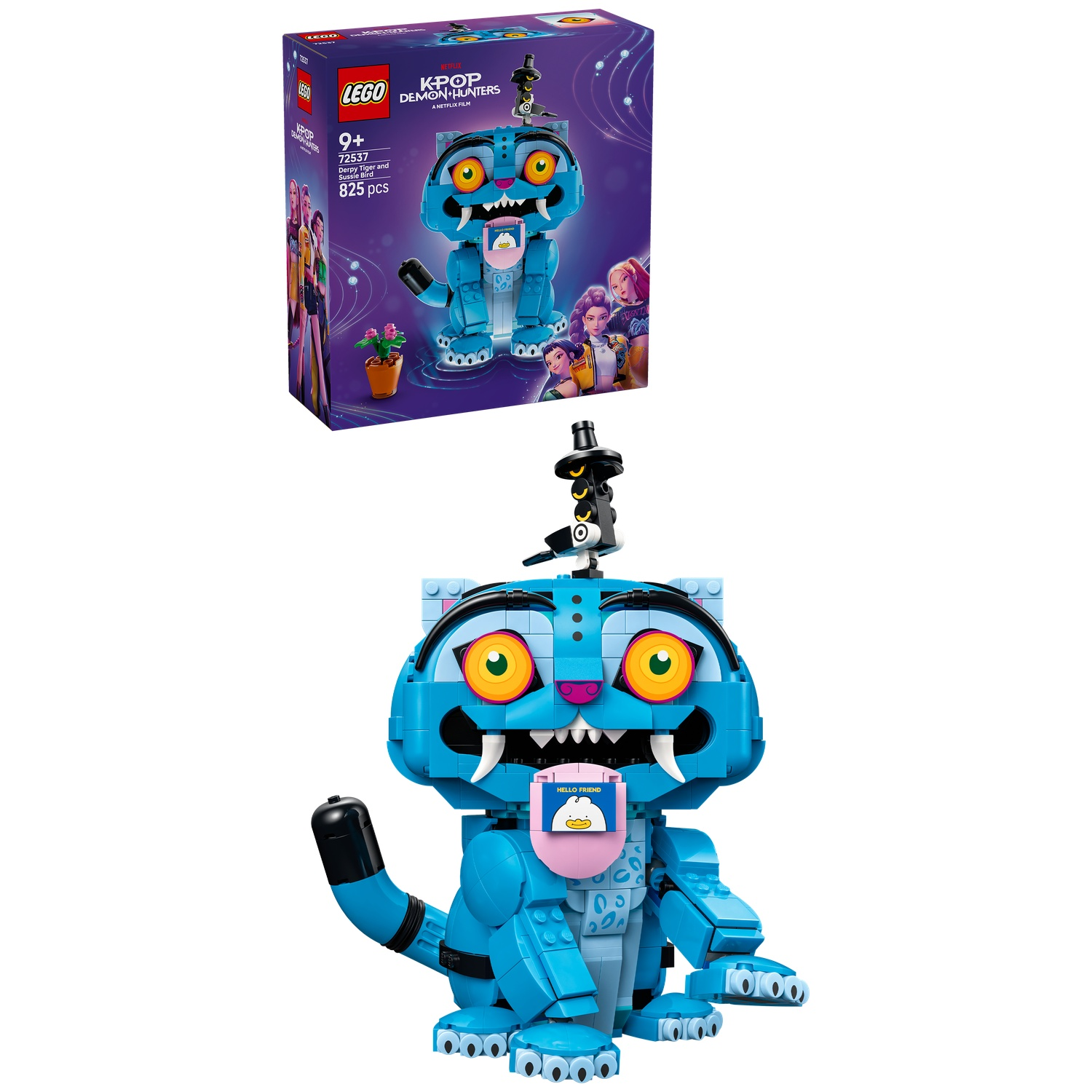 A blue Lego tiger with yellow eyes and a black hat sits before a box.