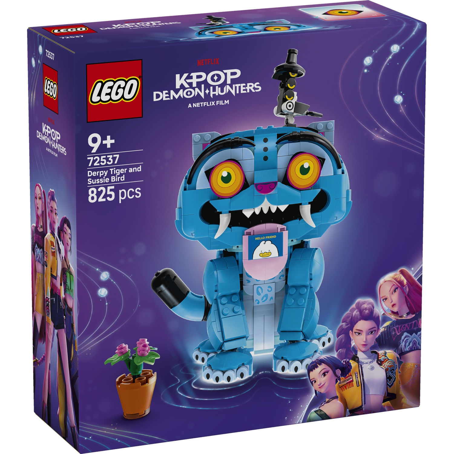 LEGO KPOP Demon Hunters set with blue tiger, figures, and plant on purple background.