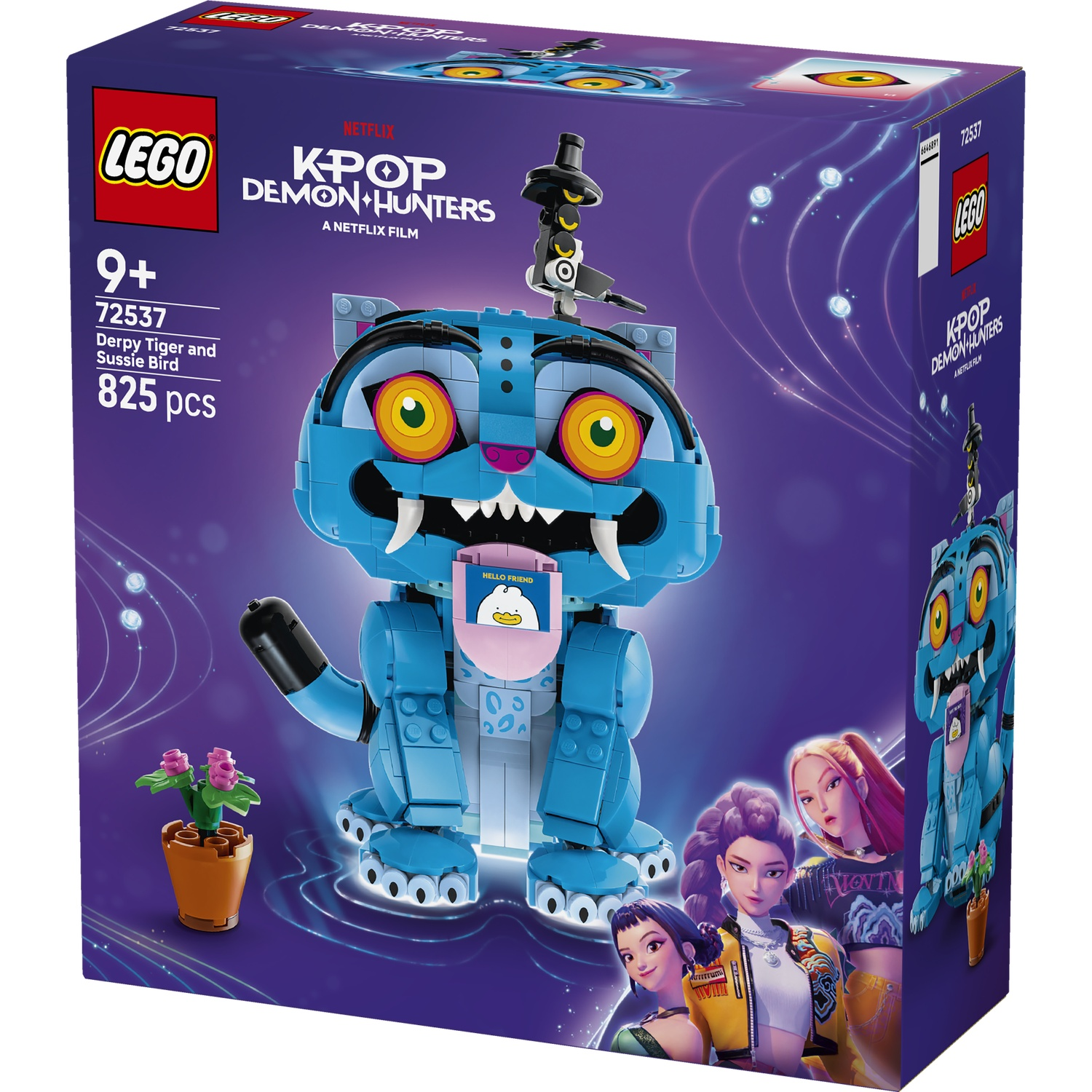 LEGO KPOP Demon Hunters set featuring a blue tiger and bird. Includes figures and 825 pcs.
