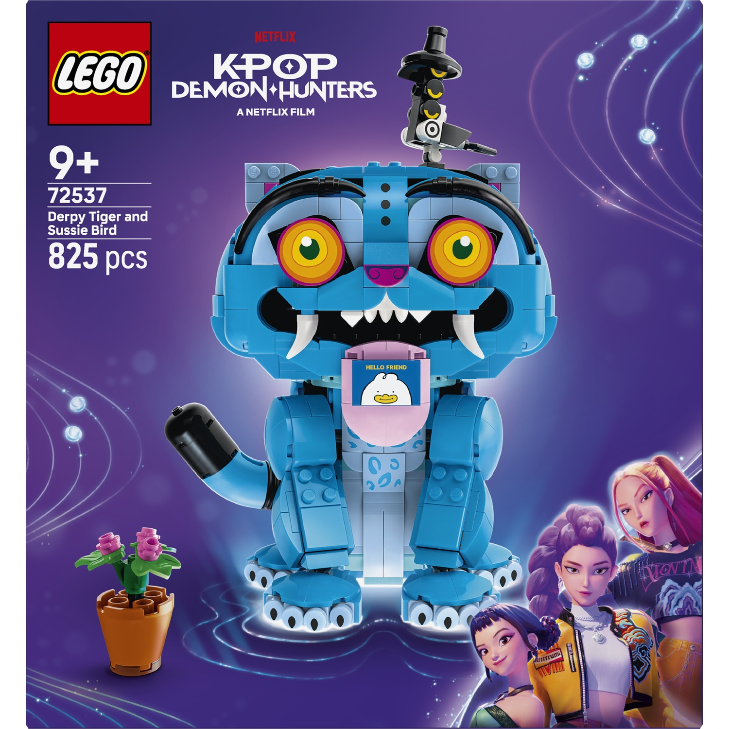 LEGO K-Pop Demon Hunters set with blue tiger, bird, plant, and three anime characters.