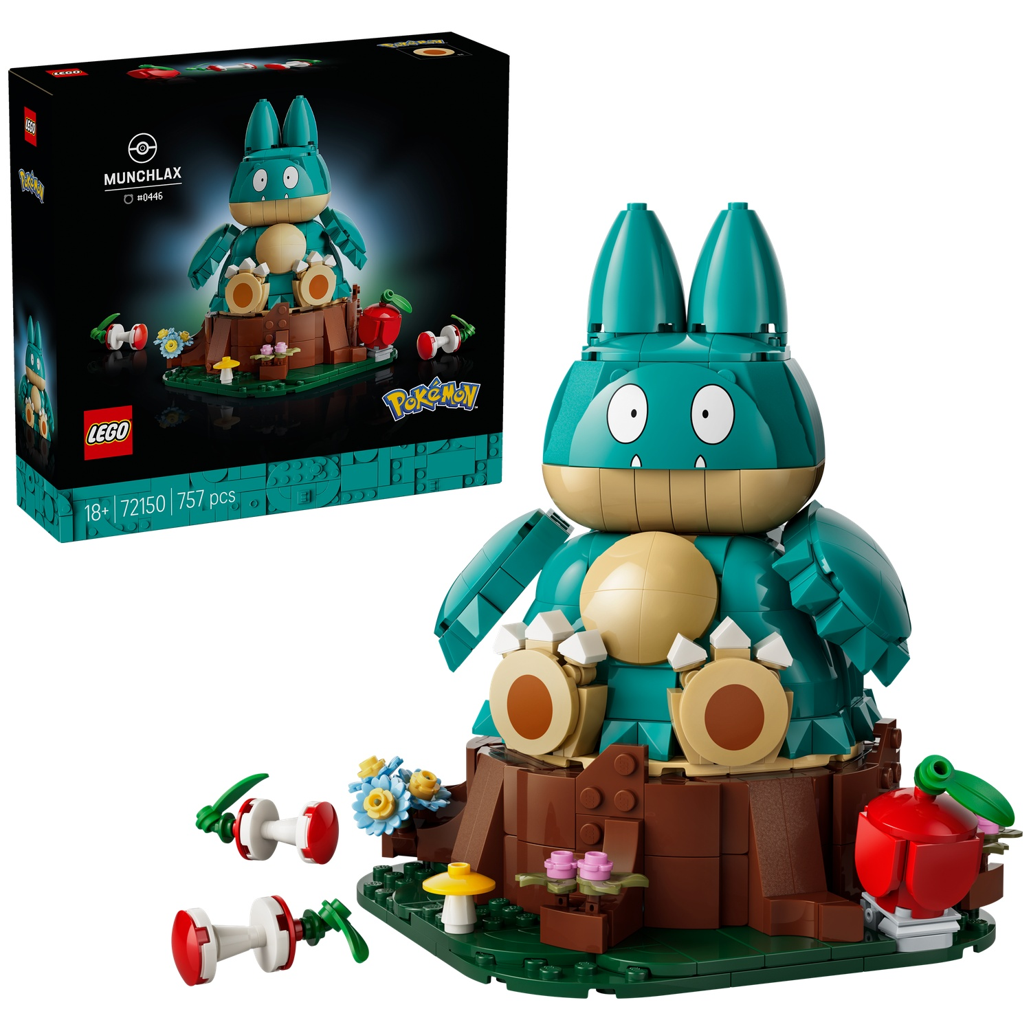 Lego Munchlax set on a tree stump with berries and flowers.