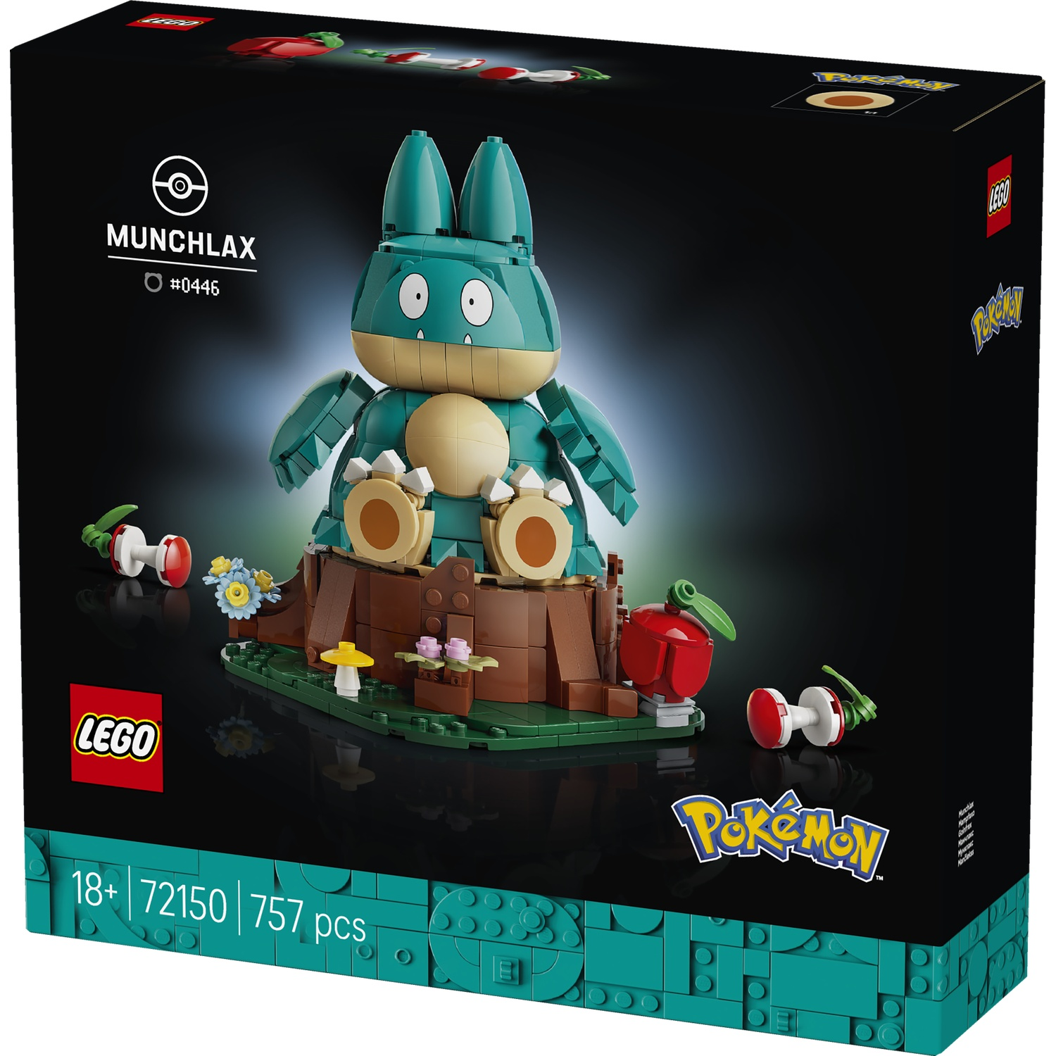 LEGO MUNCHLAX set featuring green Pokémon on a log with flowers and apples.