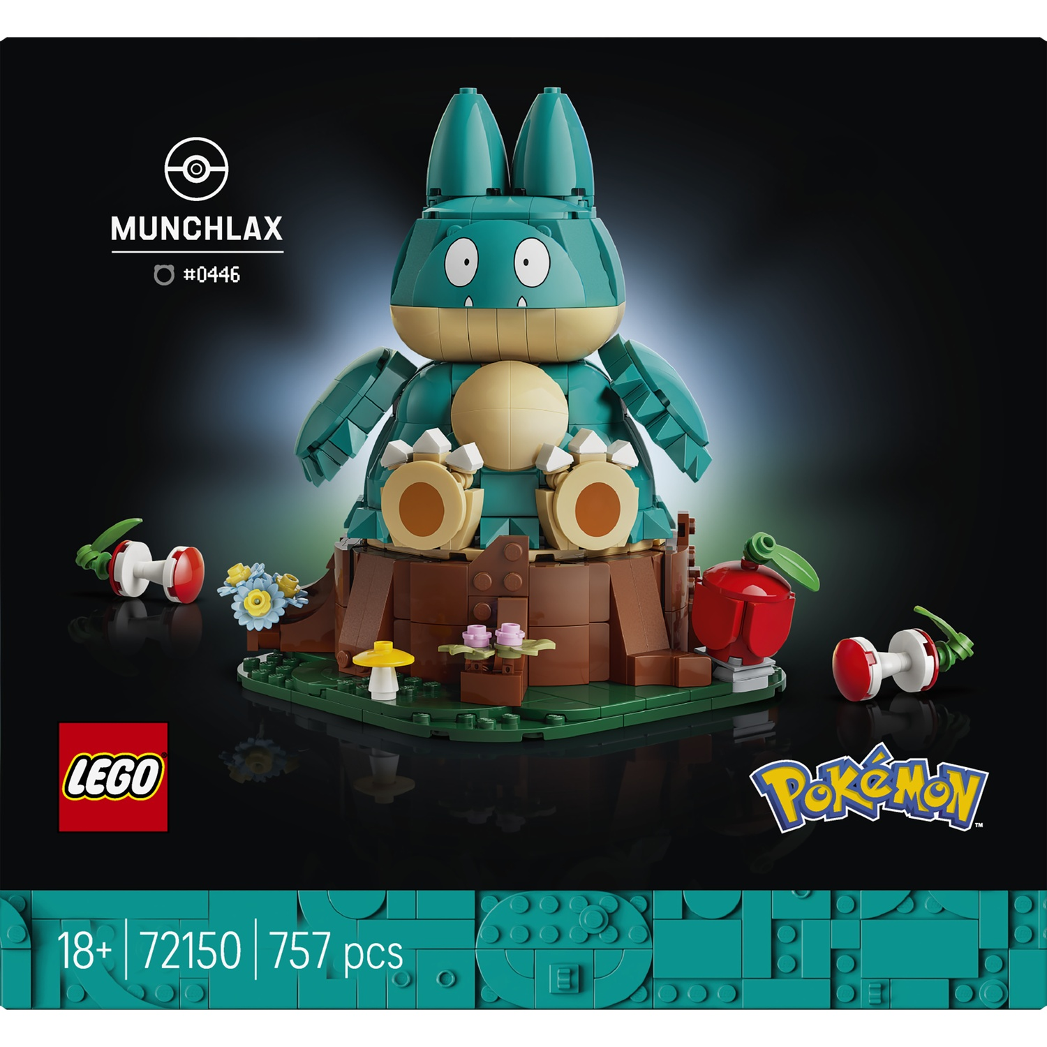 A LEGO model of Munchlax sits on a tree stump with apples and flowers.