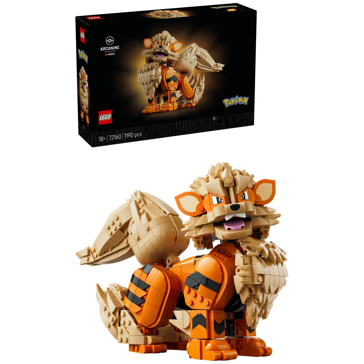 A Lego model of Arcanine, an orange and tan Pokémon, sits on a white background.