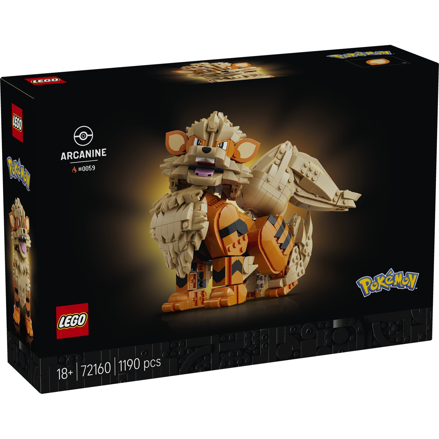LEGO Arcanine Pokemon set box featuring the Pokemon and LEGO logos. 1190 pcs.