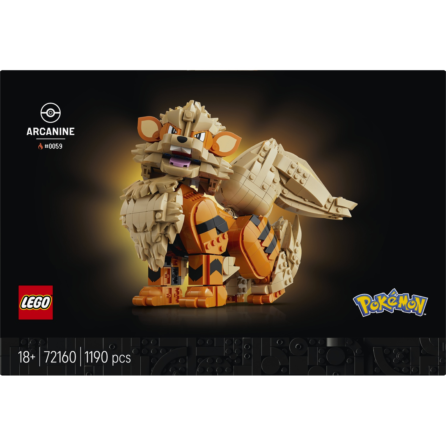 A Lego model of Arcanine, an orange Pokémon with a mane.