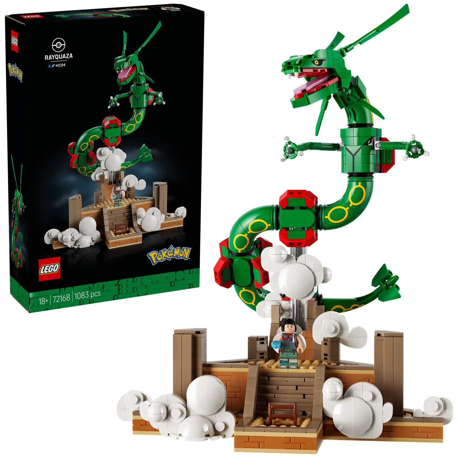 Green Lego Rayquaza dragon on a base with clouds and a figure.