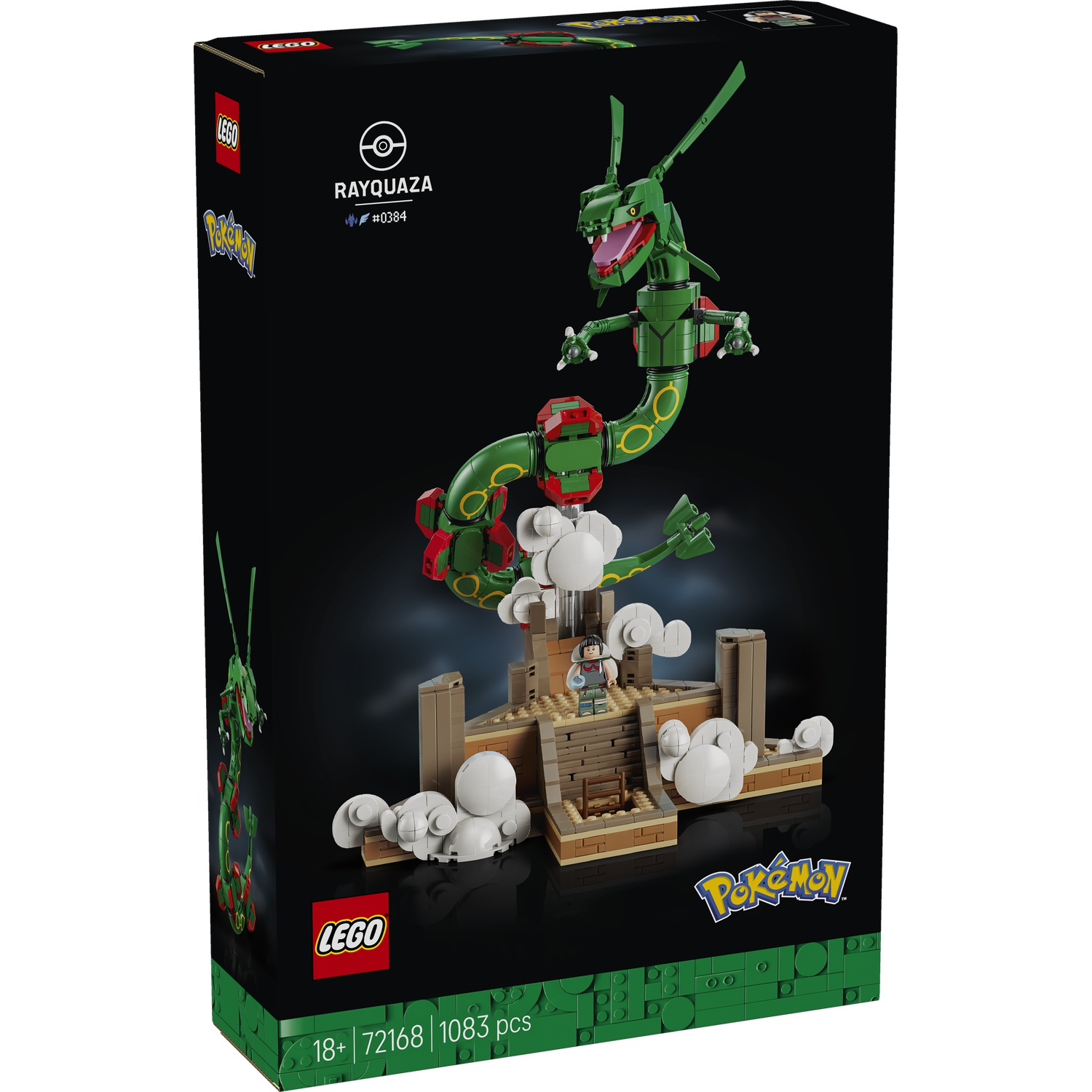 LEGO box featuring a green Rayquaza dragon build and a minifigure.