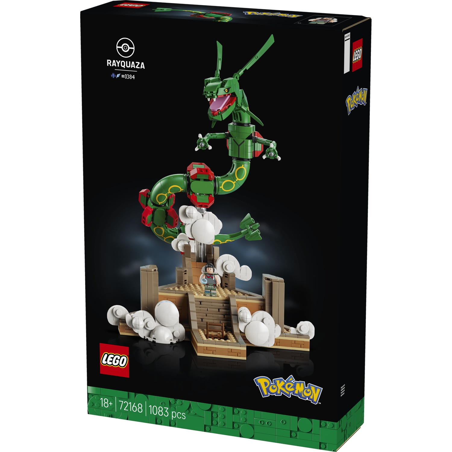LEGO Pokemon build set: Rayquaza on temple ruins with minifigure.
