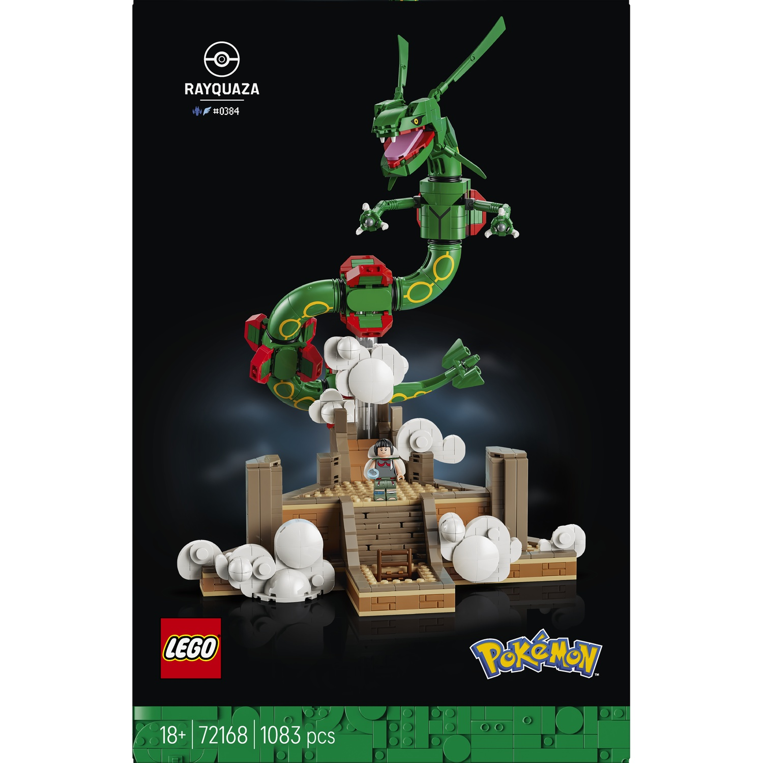 LEGO Rayquaza set featuring green dragon figure, minifigure, and stone-like base.