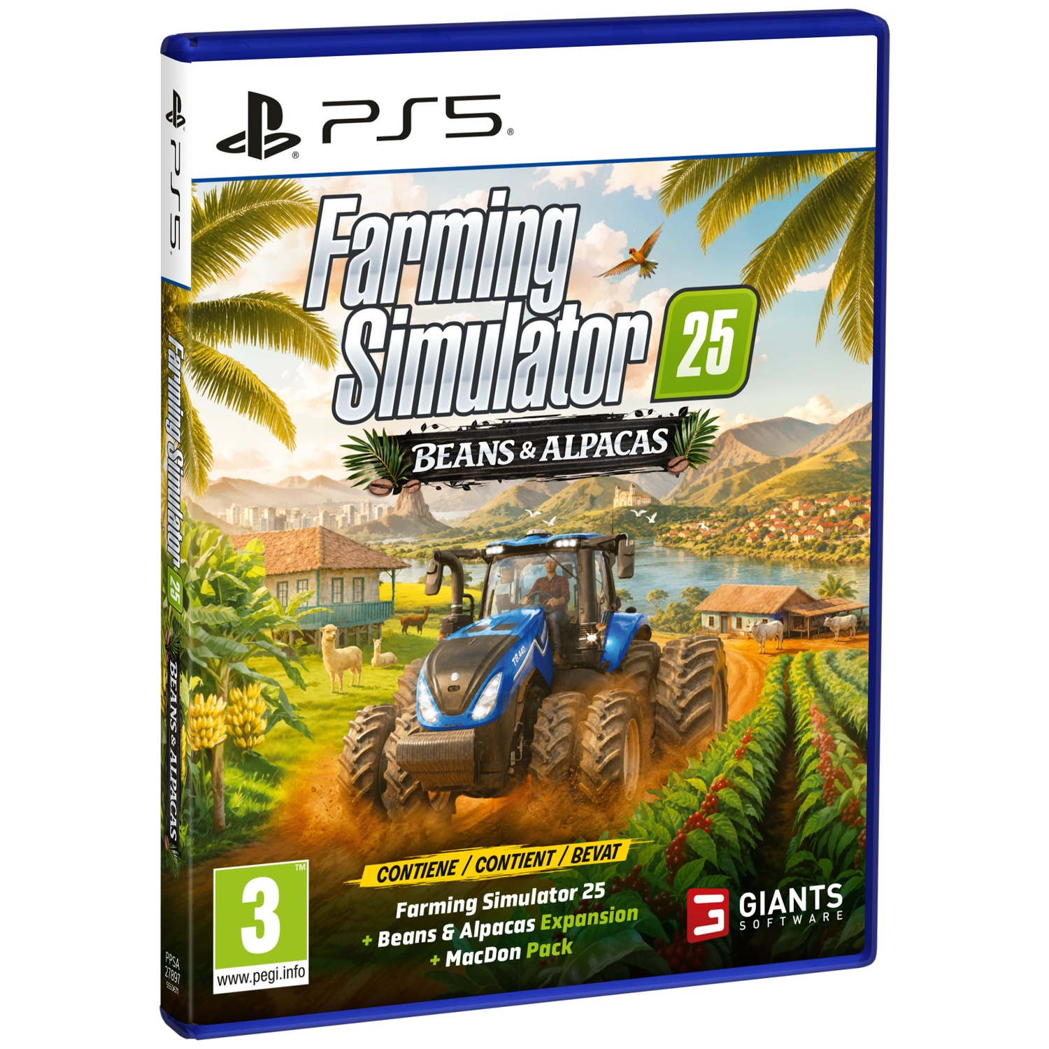 PS5-gamehoes voor Farming Simulator 25, met tractor, boerderij en palmbomen.