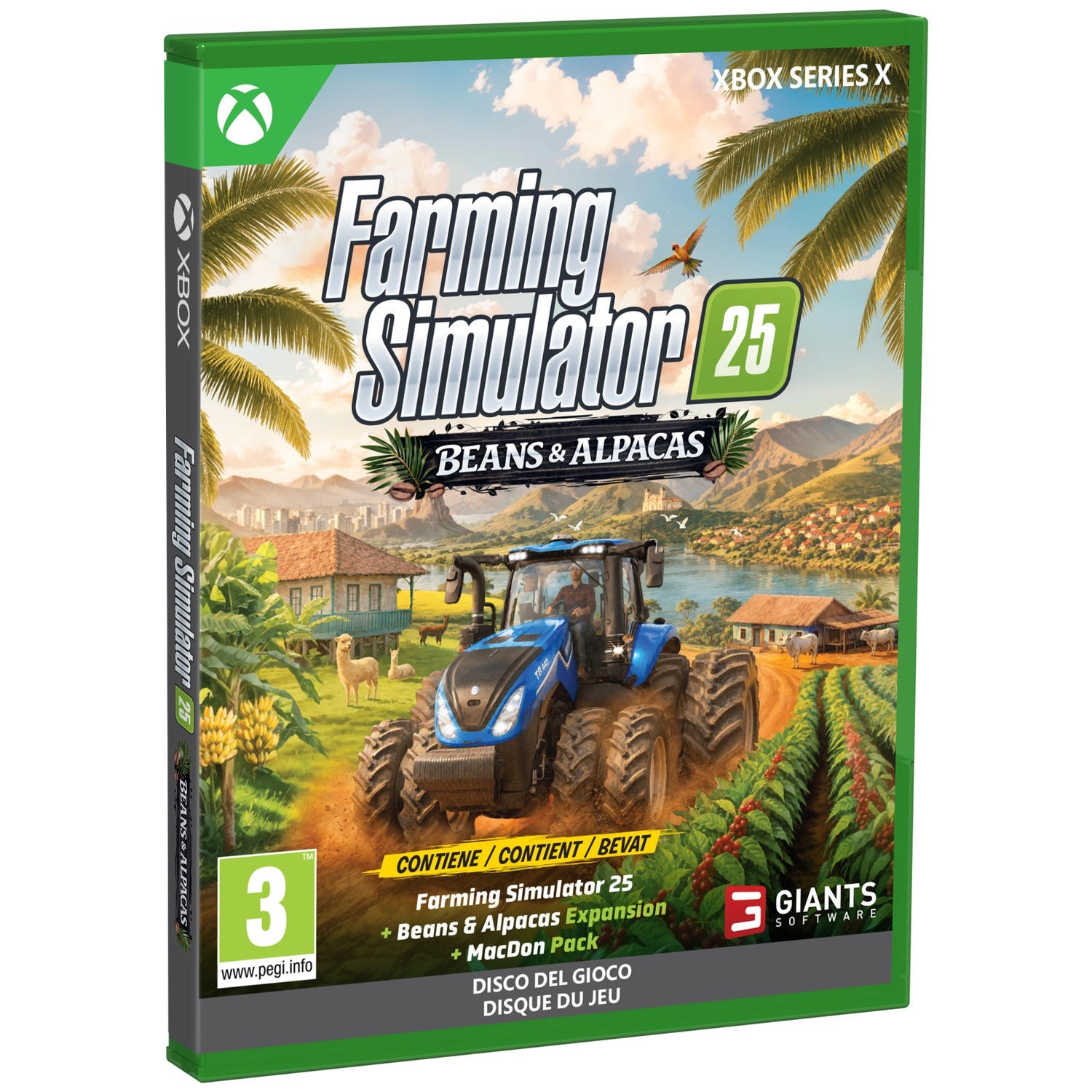 Cover van Farming Simulator 25 met tractor, velden en alpaca's.