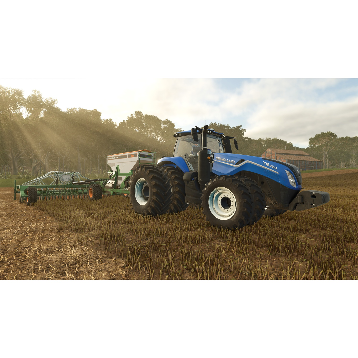 Blauwe tractor met zaaimachine in droog veld, zonnestralen door bomen, schuur op achtergrond.